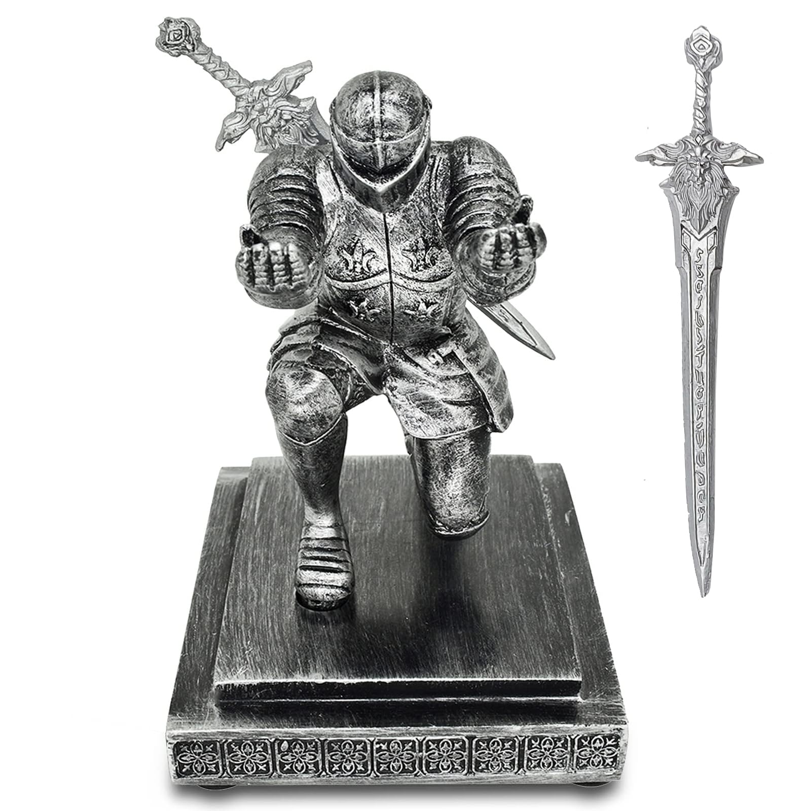 Hoypeyfiy Knight Pen Holder,Knights Pen Stand with Magnet Sword,Executive Pen Stand,Resin Soldier Pen Holder for Office,Home,Desk Decor,Holiday Present (Silver)