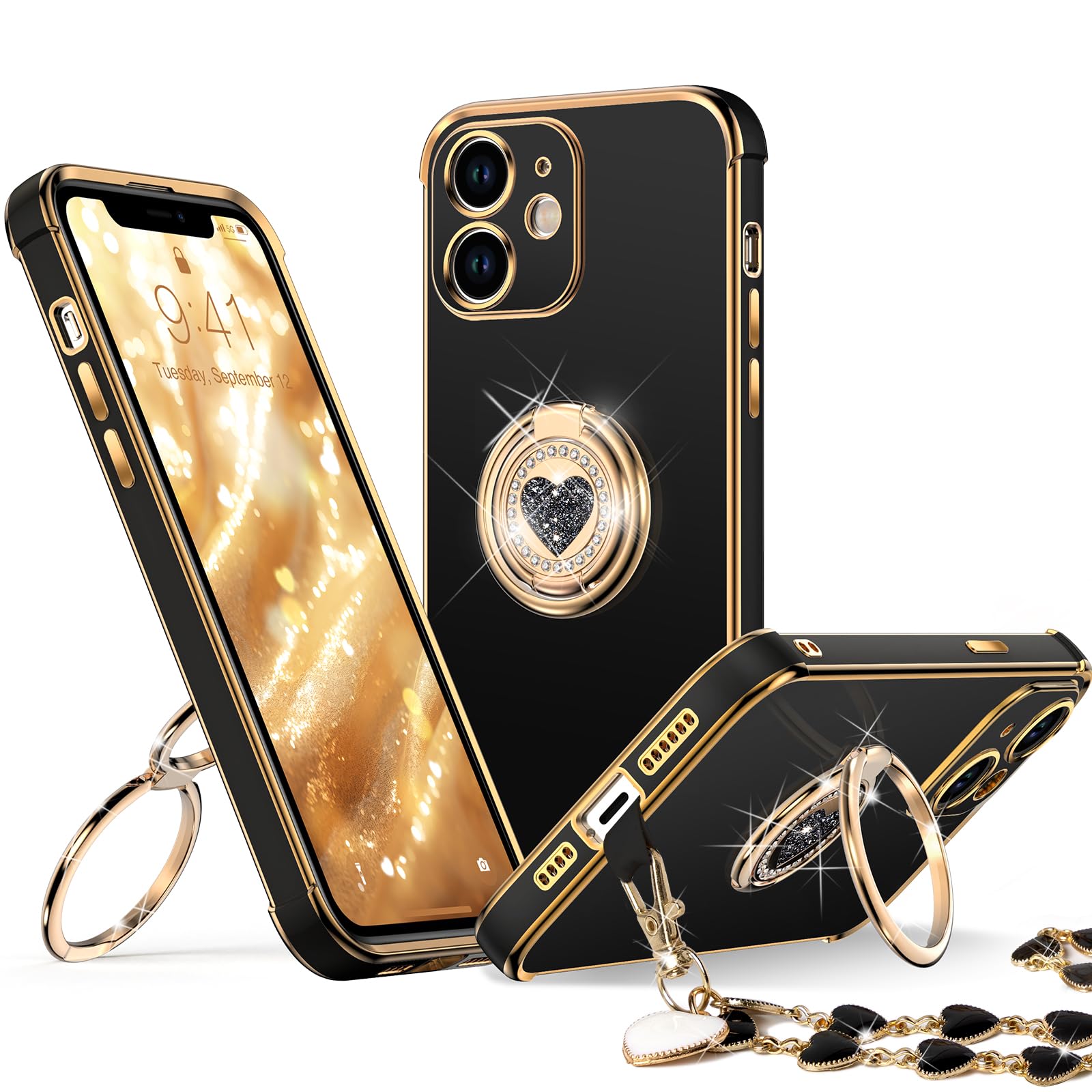 XYZ for iPhone 11 Case with Stand, Phone Case with Double Ring Kickstand, Women Girls Bling Luxury Protective Case Heart for iPhone 11, Black