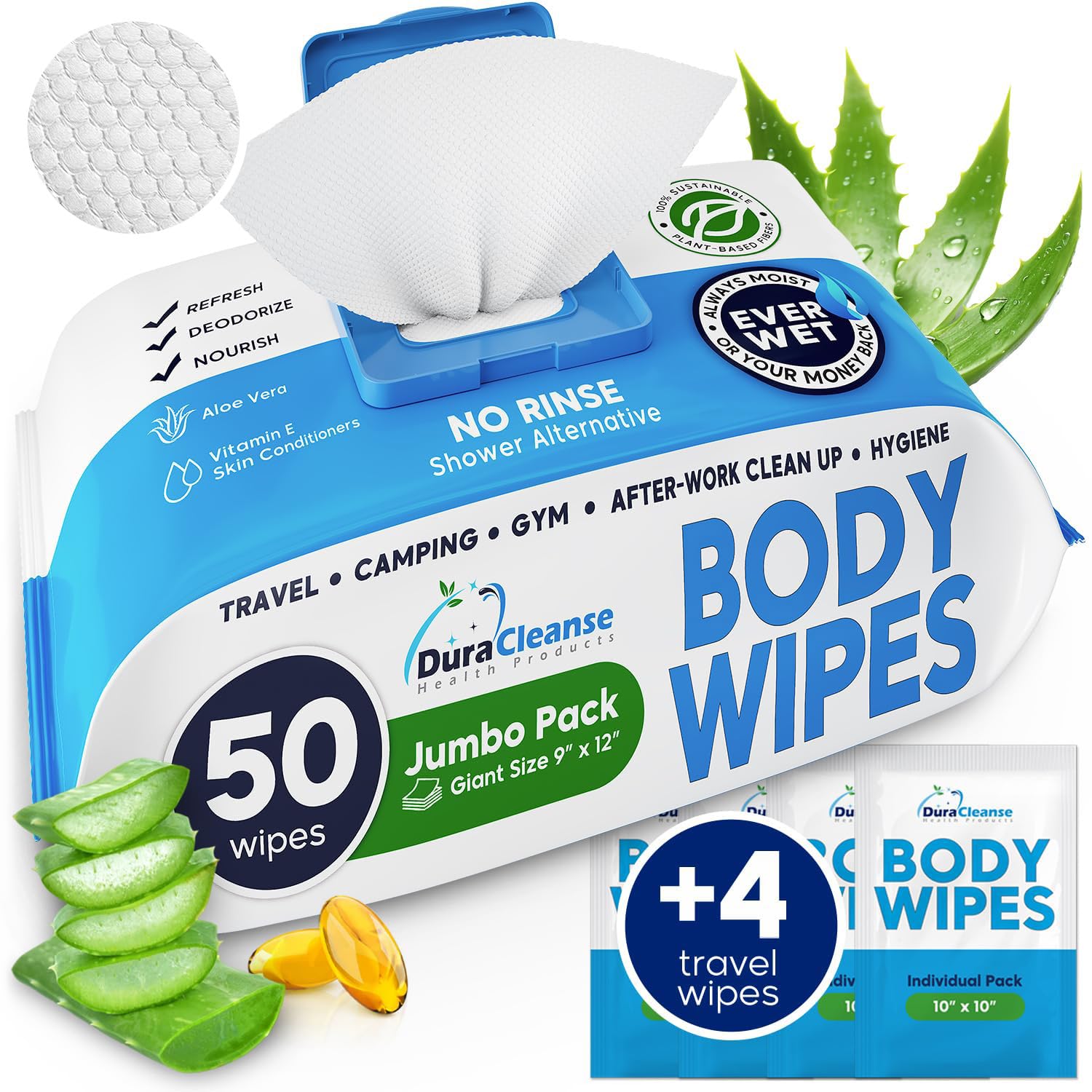 XL Body Wipes for Adults Bathing No Rinse - 50 Ct. + 4 Travel Shower Wipes - 9"x12" Thick Cleansing Bath Wash Wipes for Elderly Incontinence - Disposable Washcloths, Camping Essentials for Women & Men