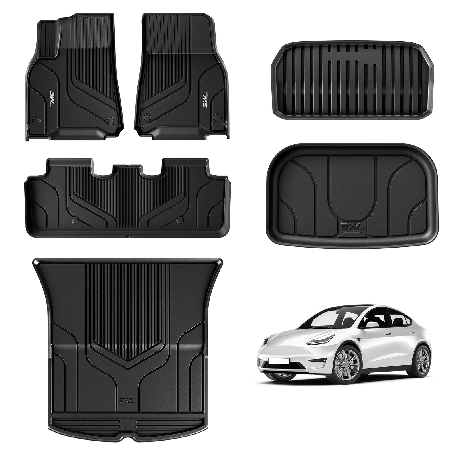 3W Tesla Model Y Floor Mats, All-Weather TPE Floor Liner Compatible for Tesla Model Y 2020-2024, Full Set Black Floor Mats and Cargo Liner Mat Accseeories Custom Fit for Tesla 5-Seater