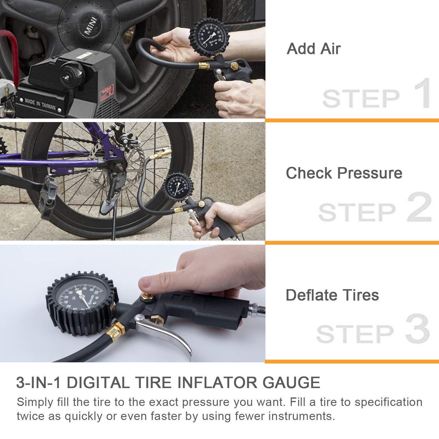 AstroAI Tire Pressure Gauge with Inflator, 100 PSI-ANSI B40.1 Accurate, Large 2.5" Easy Read Glow Dial, Heavy Duty Air Chuck and Compressor Accessories with Rubber Hose and Quick Connect Coupler