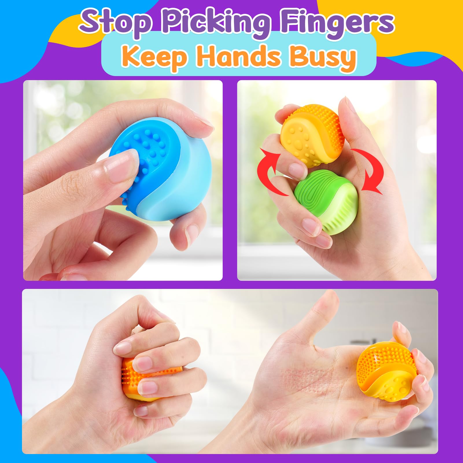 Fidget Toys Stress Ball for Kids Adult: 3 Pack Double Sided Textured Sensory Toys for Autism Kids Calming - Quiet Stress Fidget Ball for Student Classroom, Adult Office - Easter Basket for Kid