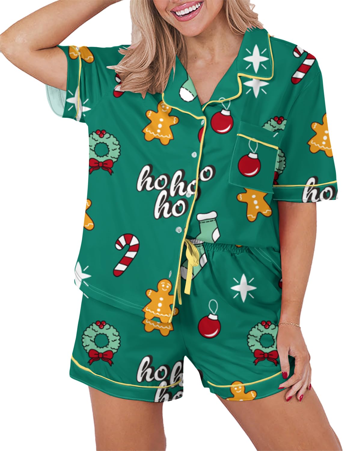 KevaMolly Womens Pajama Sets Christmas Green Flower Print Buttoned Drawstring Waist Lounge Set Short Sleeve Top and Shorts M