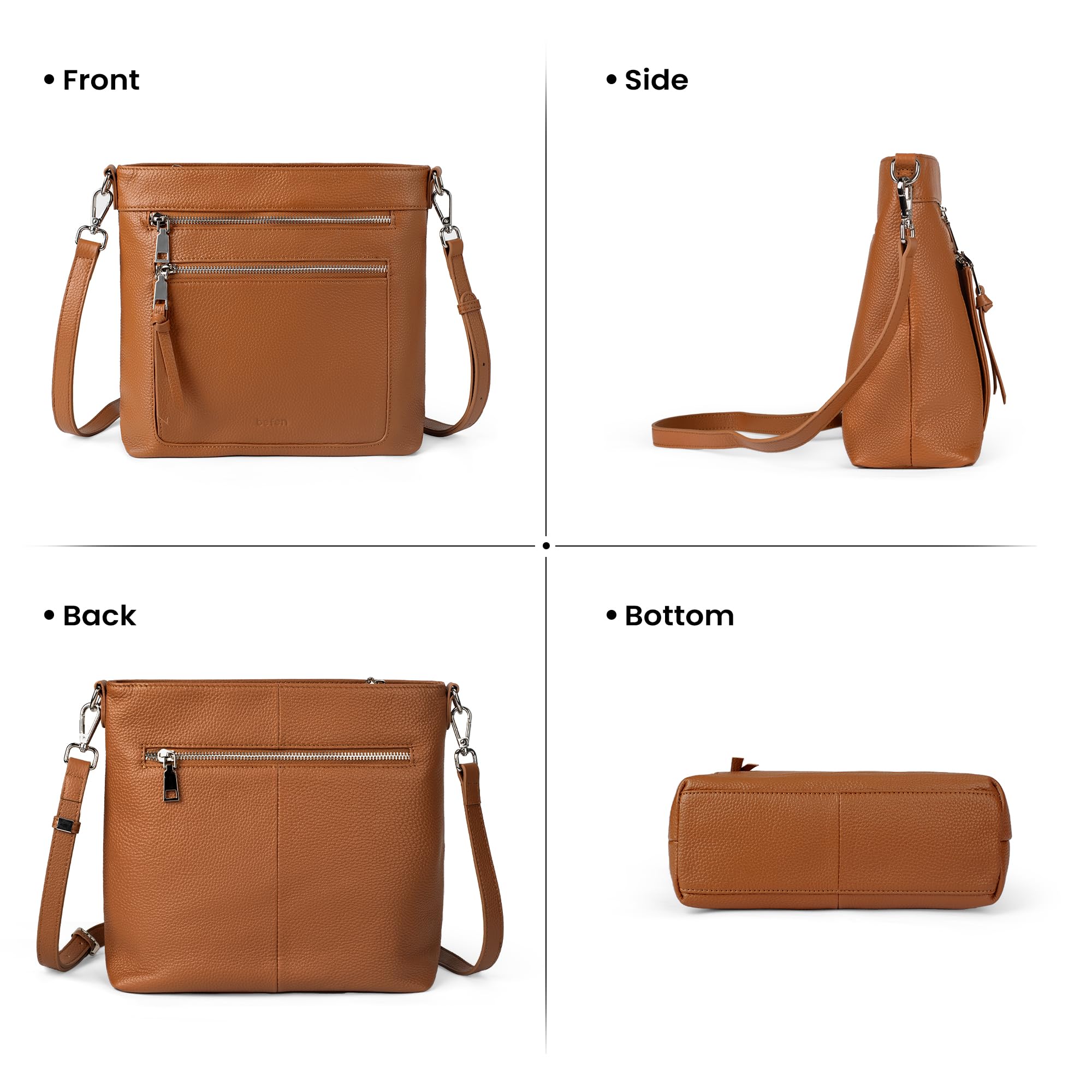 befen Real Leather Crossbody Bags for Women, Woman Cross Body Purses Shoulder Bag Handbags Adjustable Strap Cognac Brown