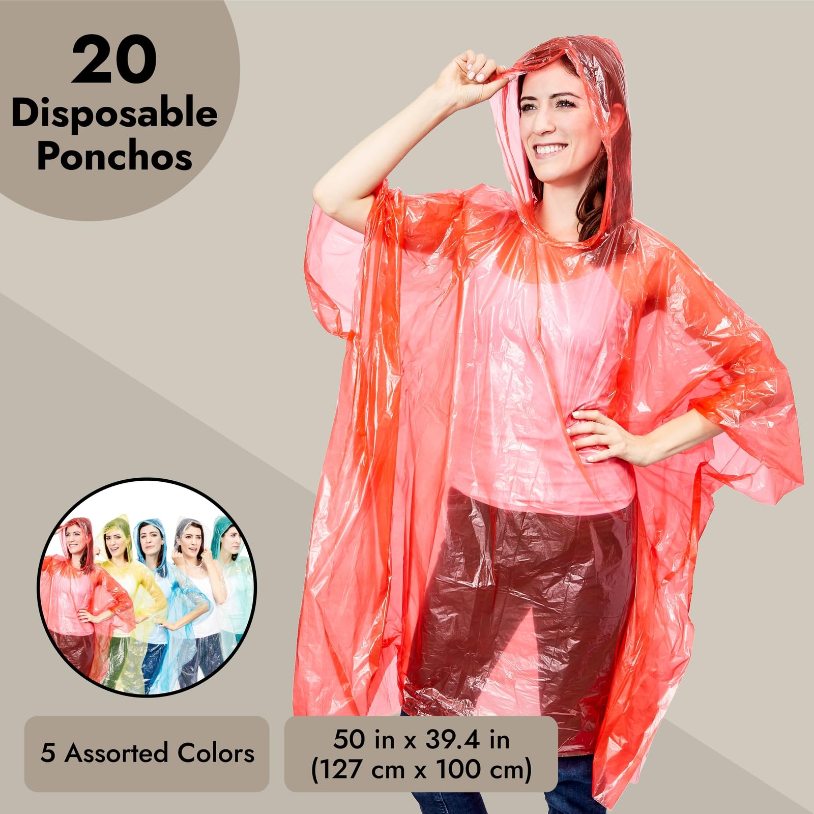 Juvale 20-Pack Disposable Rain Ponchos with Hood for Adults and Family - Clear Multicolor Emergency Raincoats