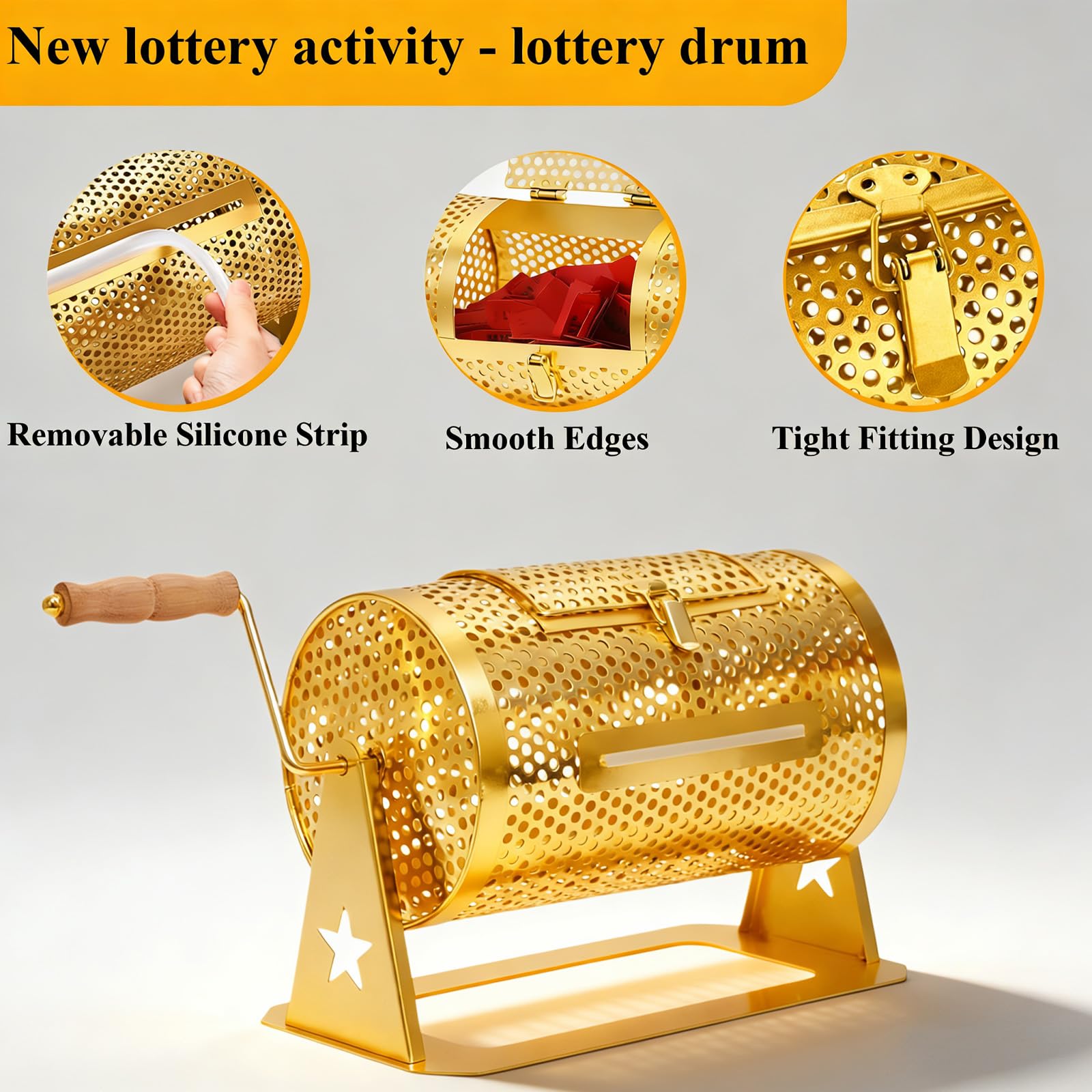 AMOEJOV Raffle Drum, Professional Raffle Ticket Spinning Cage,Thickened Metal Raffle Ticket Spinner Box with Sealing Tape, Silent Design Wooden Turning Handle.for Lottery Games, Bingo, Raffle Balls