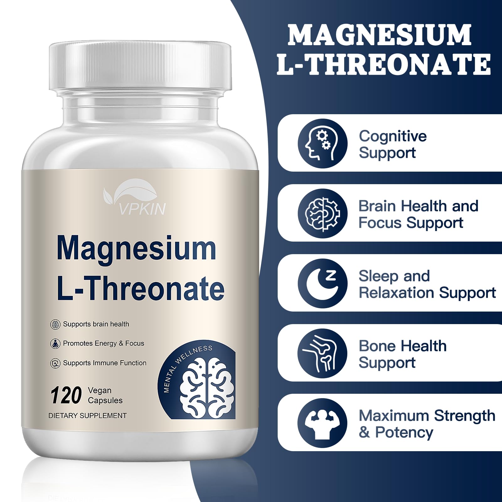 Magnesium L-Threonate Supplement Capsules with Vitamin C & Vitamin D3,High Absorption Magnesium Supplement,Supports Memory, Focus,Non-GMO(120 Capsules)