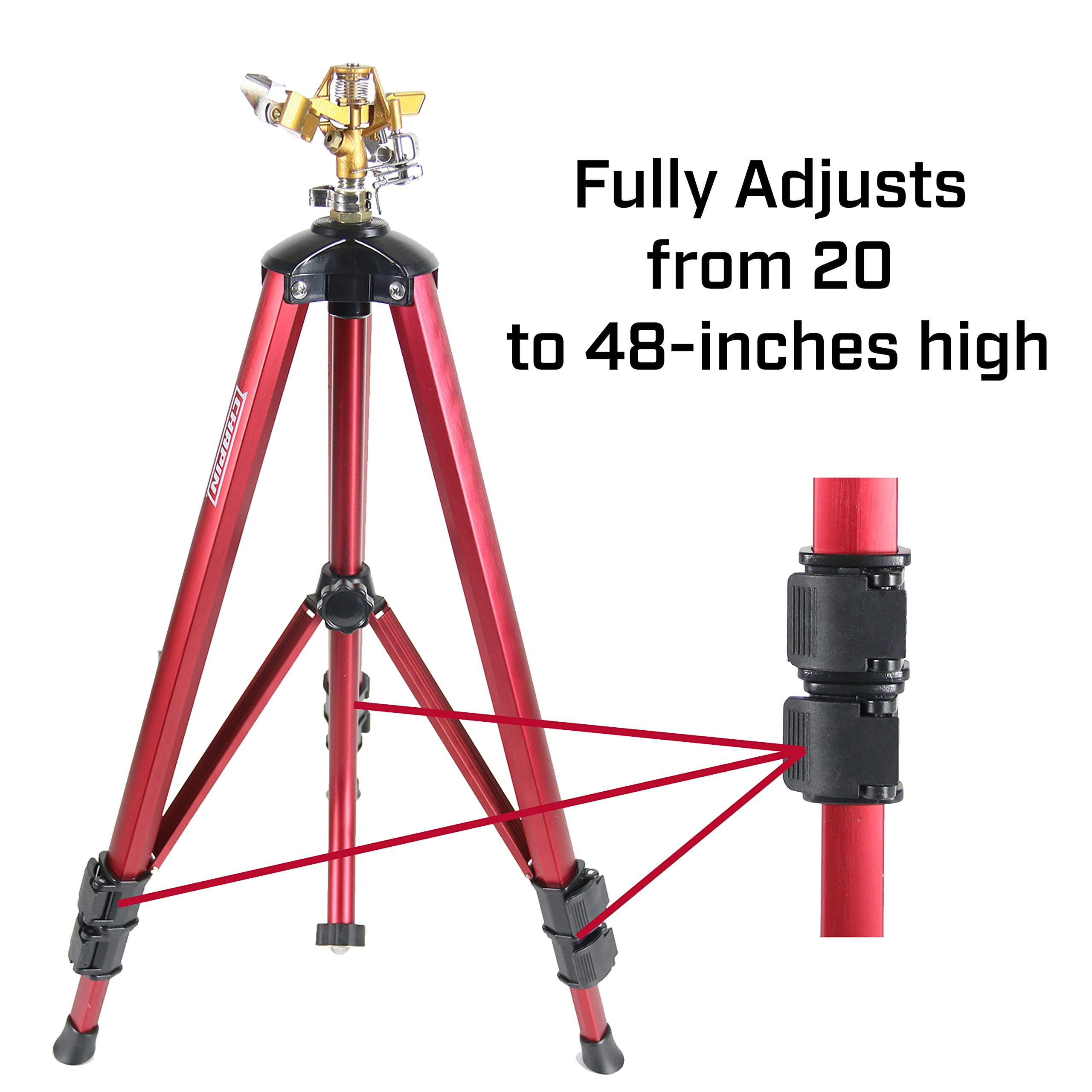 Chapin 4993: Heavy Duty Brass Head Tripod Impact Lawn Sprinkler, 360 Degree Coverage for Large Lawns, Golf Courses, Gardens, Adjustable Height, Gooseneck Hose Connection, Red and Black