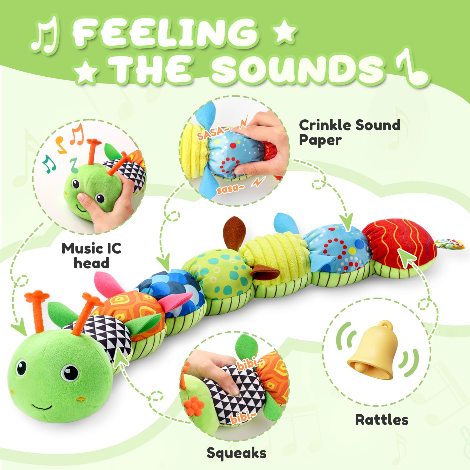 Awotoy Baby Toys 0 to 12 Months, Musical Stuffed Animal Activity Soft Toys with Multi-Sensory Crinkle, Rattle and Textures, Infant Tummy Time Toys for Newborn Boys Girls, Caterpillar, Green