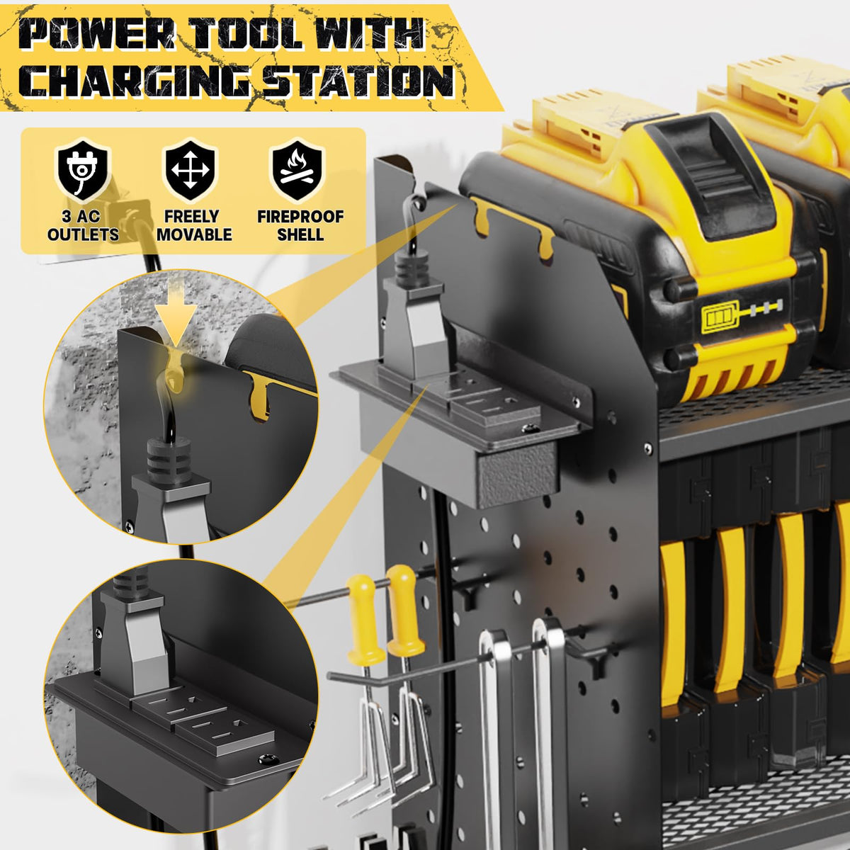 Power Tool Organizer with Charging Station,45.6Inch Upgrade Power Tool Holder Storage Rack,6 Drill Holders ,Heavy Duty Garage Tool Organizer Wall Mount with Screwdriver/6.5FT Power Strip (Black)