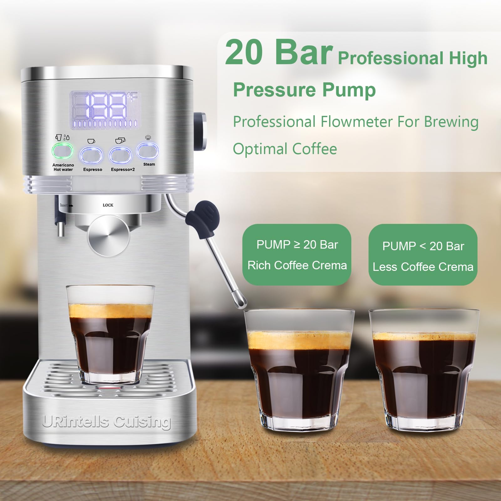 URintells Cuising Espresso Machine 20 Bar, LED Display Espresso Maker with Steam Milk Frother for Americano Cappuccino Latte, Espresso Coffee Maker with ESE Pod Filter, Gift for Dad Mom