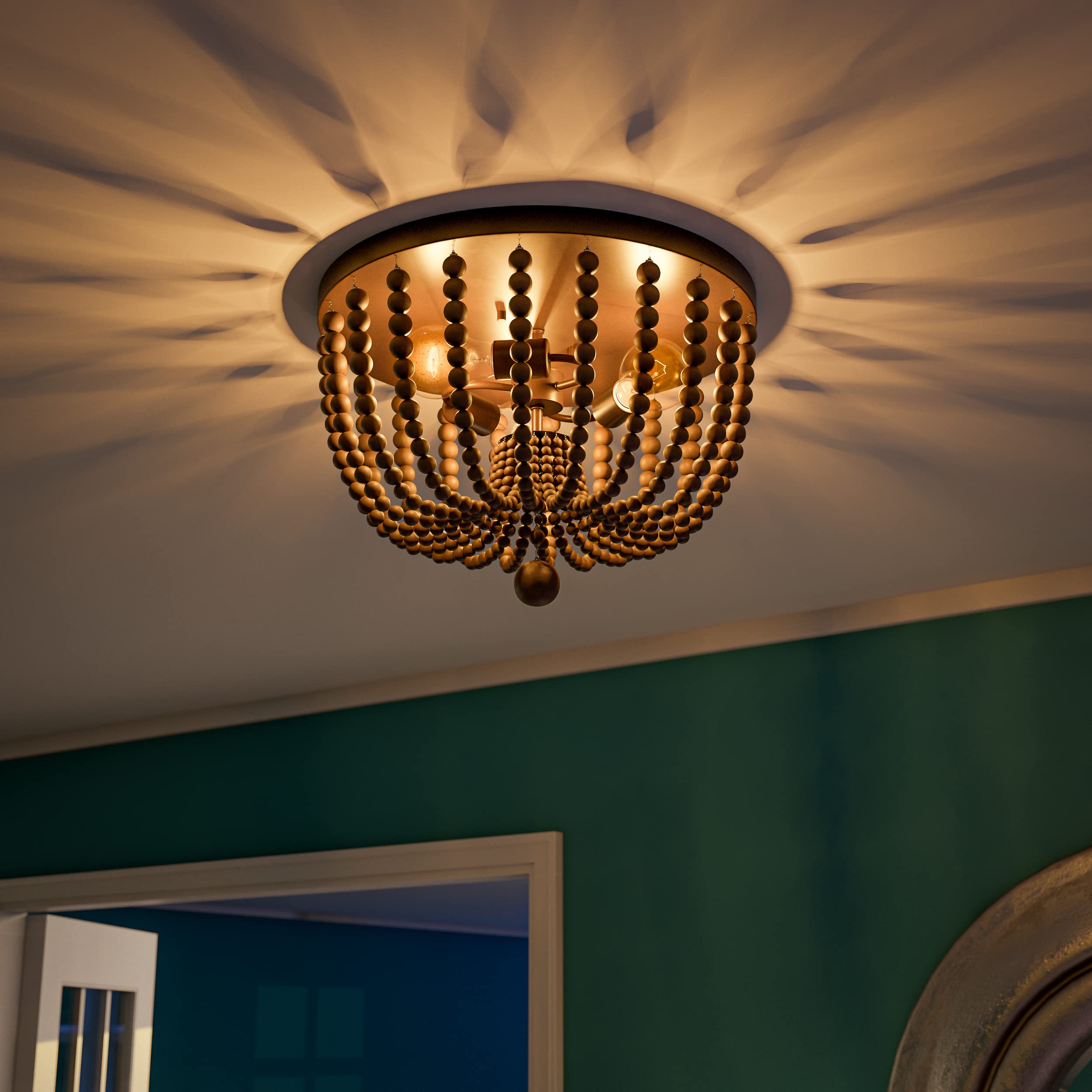Kenroy Home Casual 3 Light Wood Bead Flush Mount,11 Inch Height, 16 Inch Diameter with Golden Bronze Finish with Gray Wood Beads