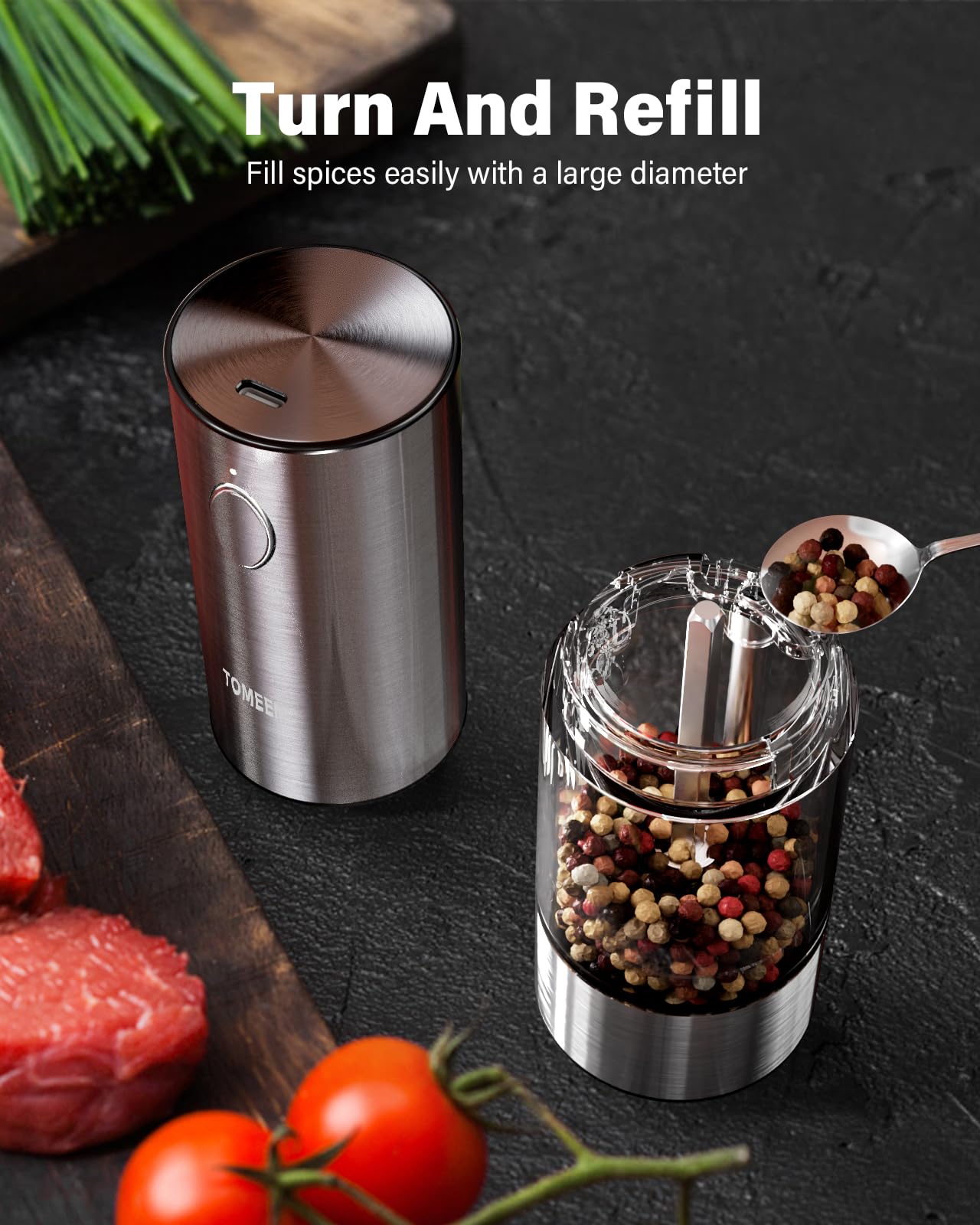 Upgraded Larger Capacity Electric Salt and Pepper Grinder Set Rechargeable with LED lights, Stainless Steel Automatic Pepper and Salt Grinder Refillable with 5 Adjustable Coarseness