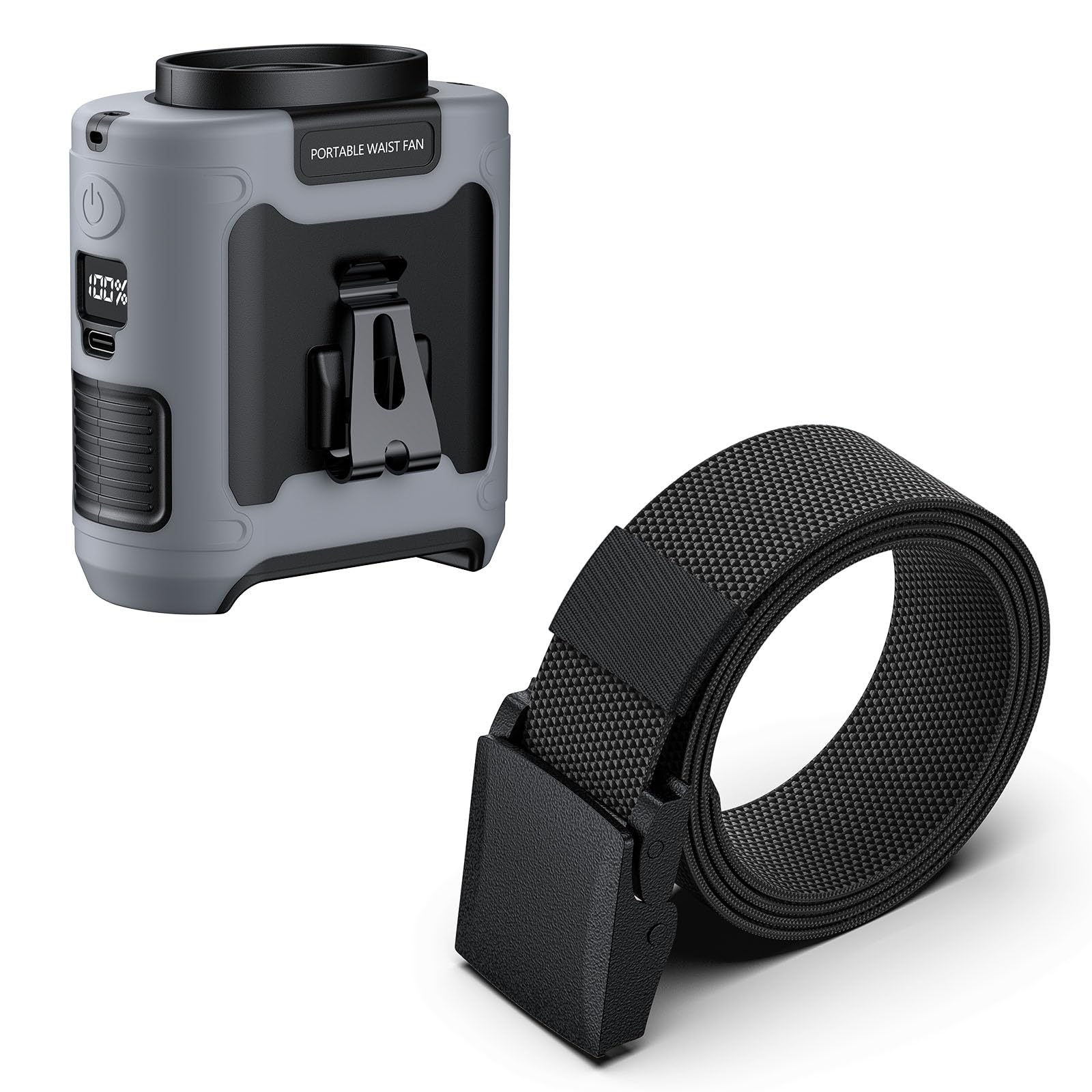 morsisho 1 Pack Grey Portable Waist Fan and 1 Pack Black Tactical Nylon Belt