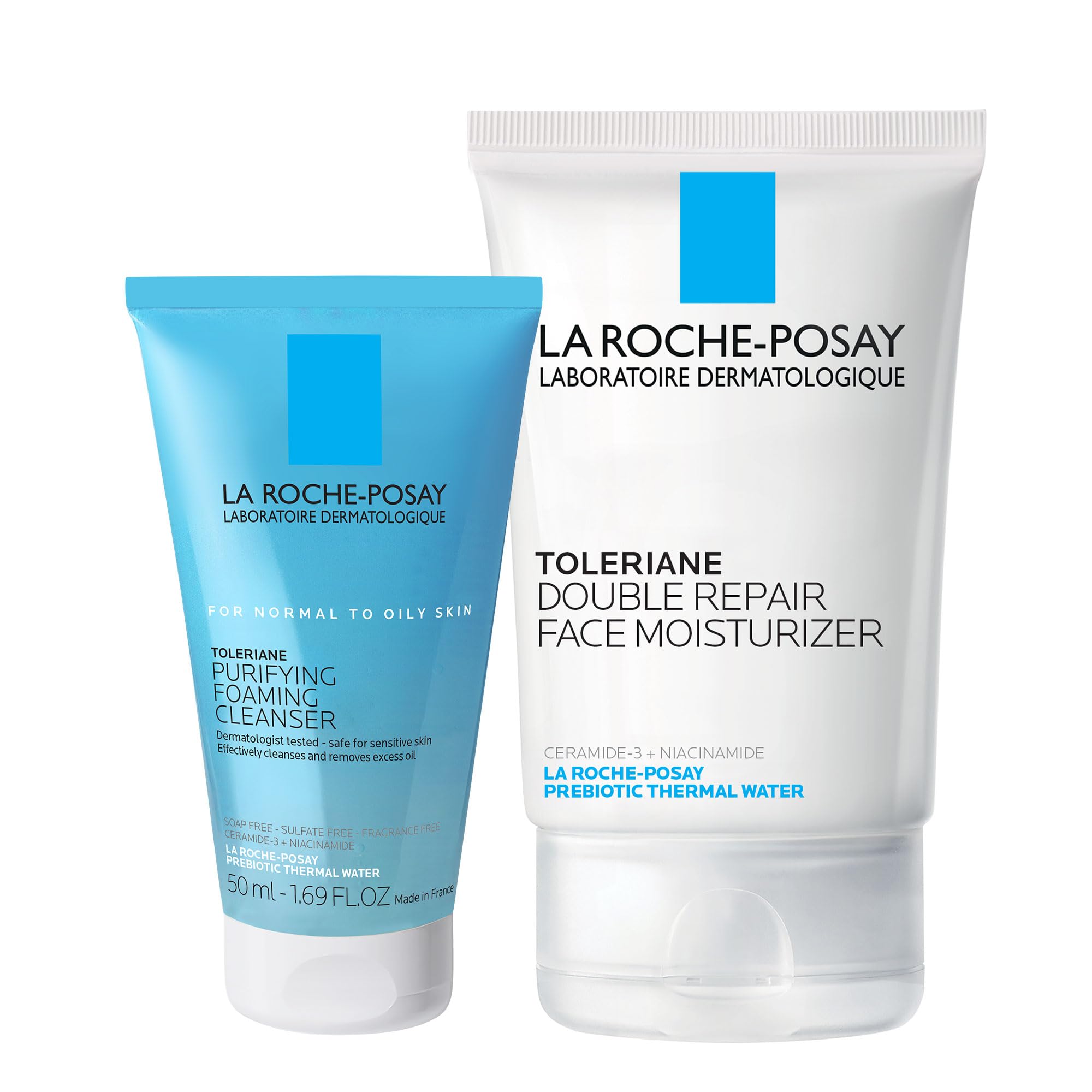 La Roche-Posay Toleraine Skin Care Set | Double Repair Face Moisturizer 100ml & Purifying Foaming Facial Cleanser 50ml | Oil Free Moisturizer & Face Wash For Oily Skin | Formulated with Niacinamide