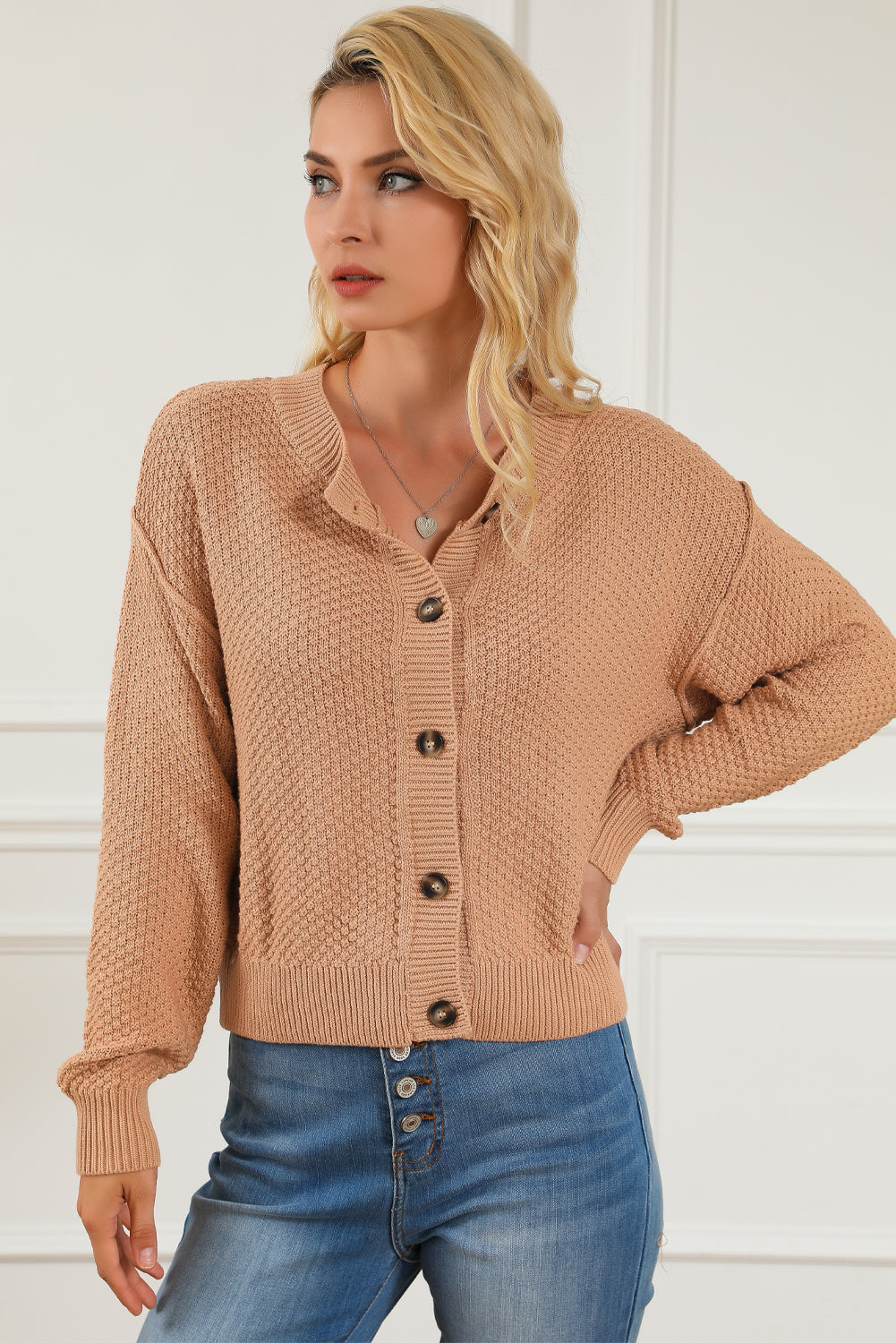 Khaki Button Front Drop Shoulder Knitted Cardigan