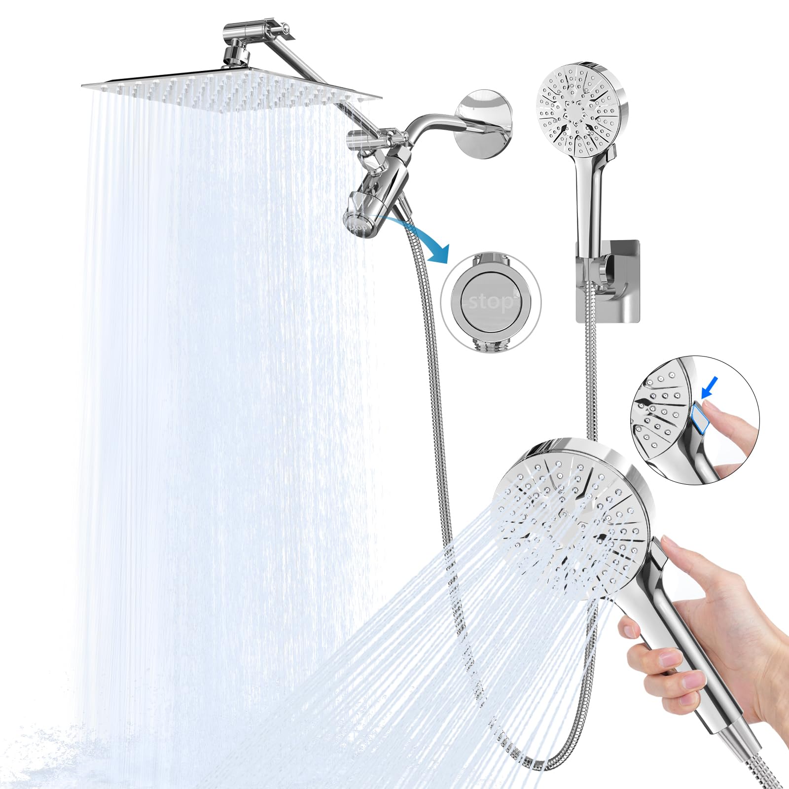 8-Inch Rain Shower Head with Handheld Spray Combo-6-Function Handheld Shower Head-3-way diverter comes with a pause setting-11-Inch Adjustable Extension Arm-59-inch stainless steel shower hose