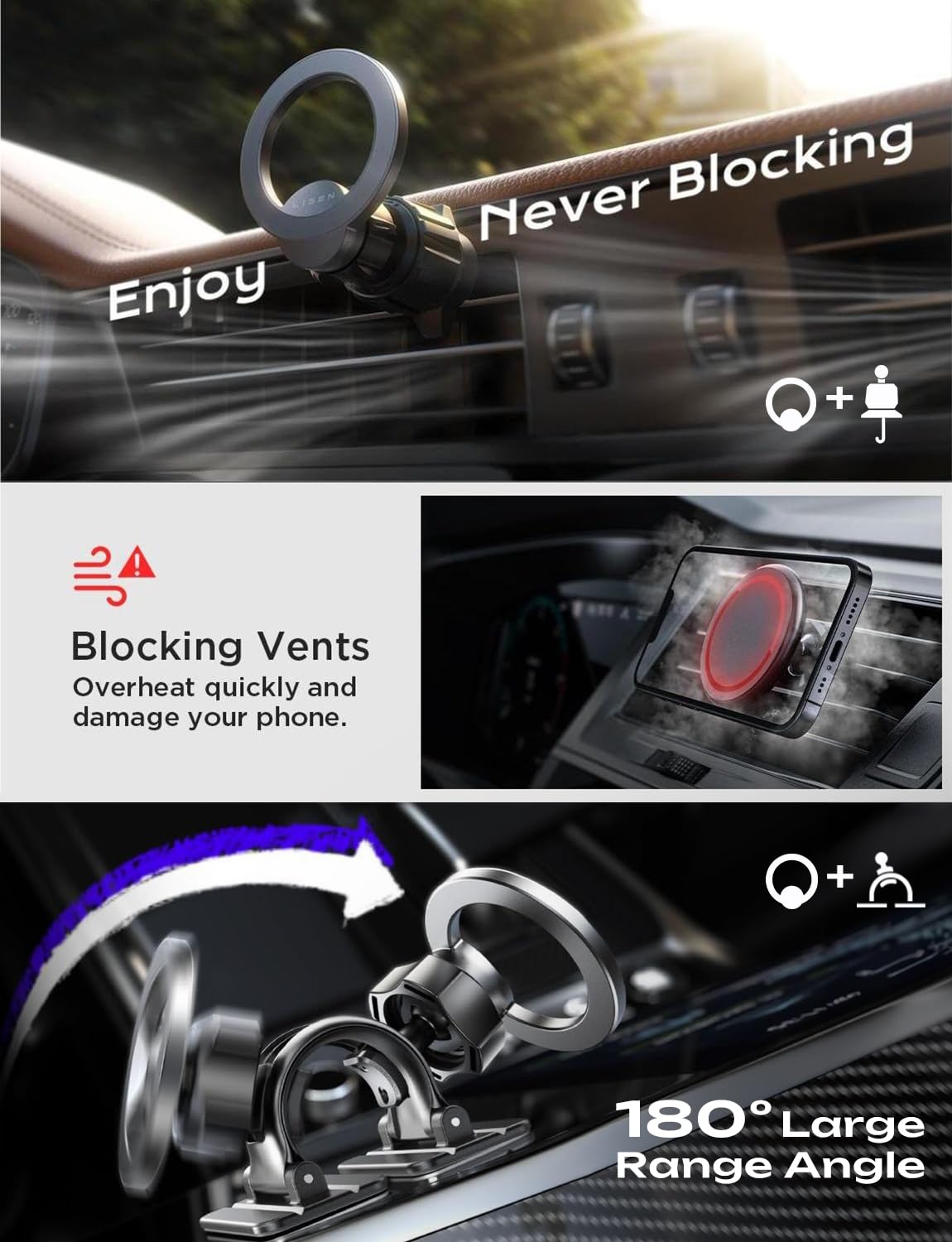 LISEN Magnetic Phone Holder for Car, MagSafe Car Mount for iPhone 17 Car Accessories for Men Women Gifts for Christmas [95% Increase Magnet] Car Vent Phone Mount RV Truck Mat Fit GPS iPhone 17 Pro Max