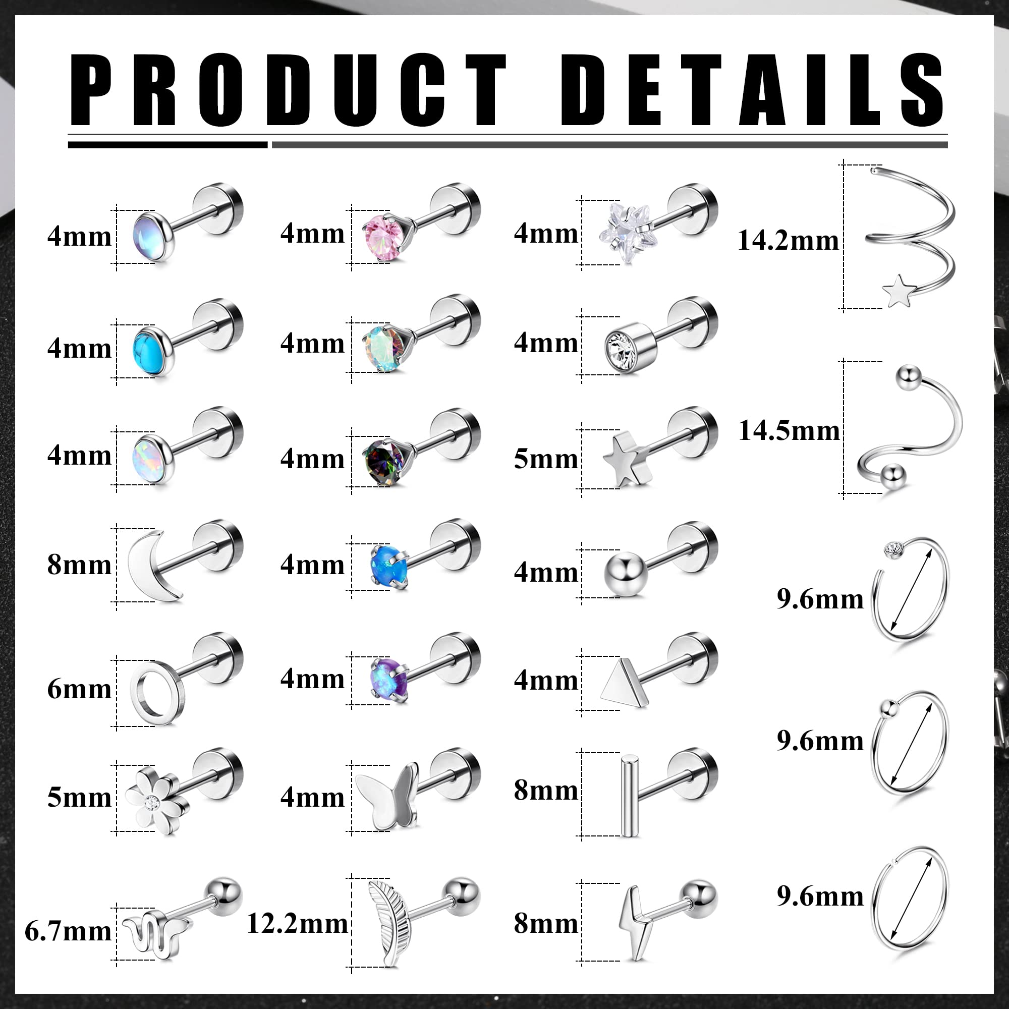 Dochais 25 Pairs Surgical Steel Stud Earrings for Women Multipack Cartilage Earring Opal Moonstone Turquoise Butterfly Flower Star Flat Back Earrings Silver