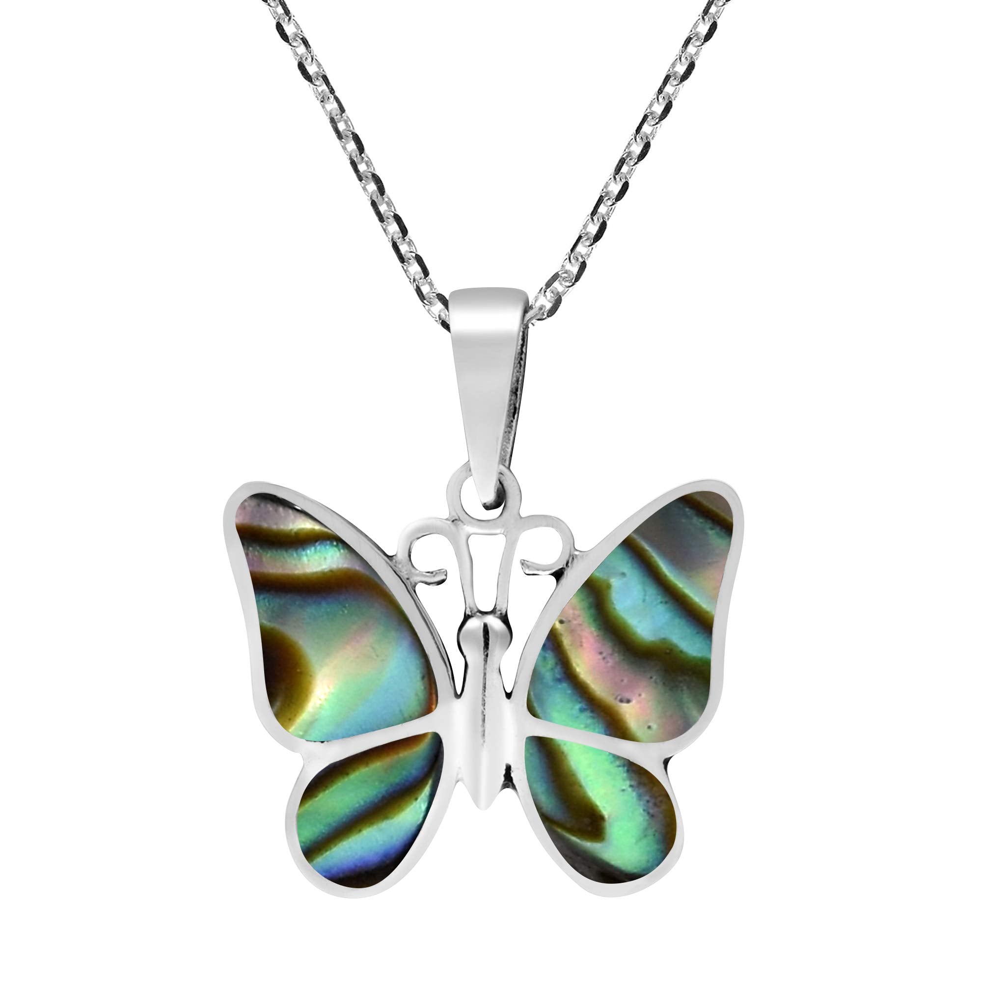 AeraVida Love and Hope Inspired Transformative Butterfly Pendant with Tropical Abalone Seashell Inlays .925 Sterling Silver Chain Necklace