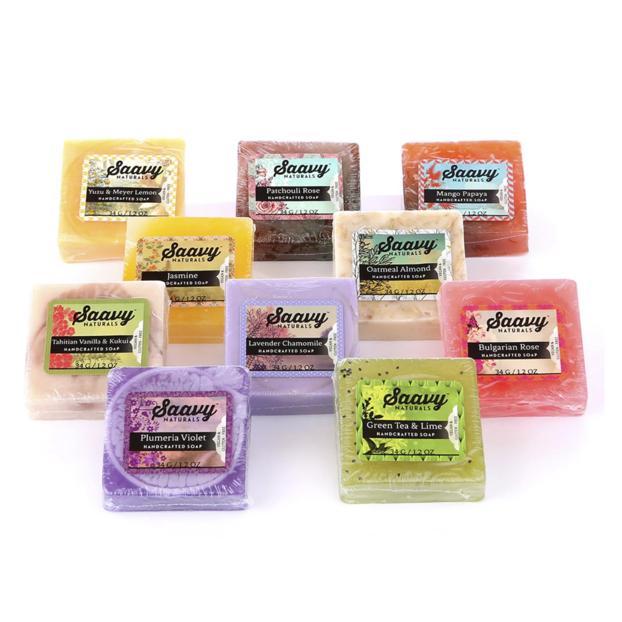 Saavy Naturals Organic Soap Bar Set, Scented Organic Hand Soap Bar, Body Wash and Natural Vegan Soap Gift Set, Square Shaped Artisan Natural Soap Bar, 1.2 Oz, 10 Pack. Made in the USA