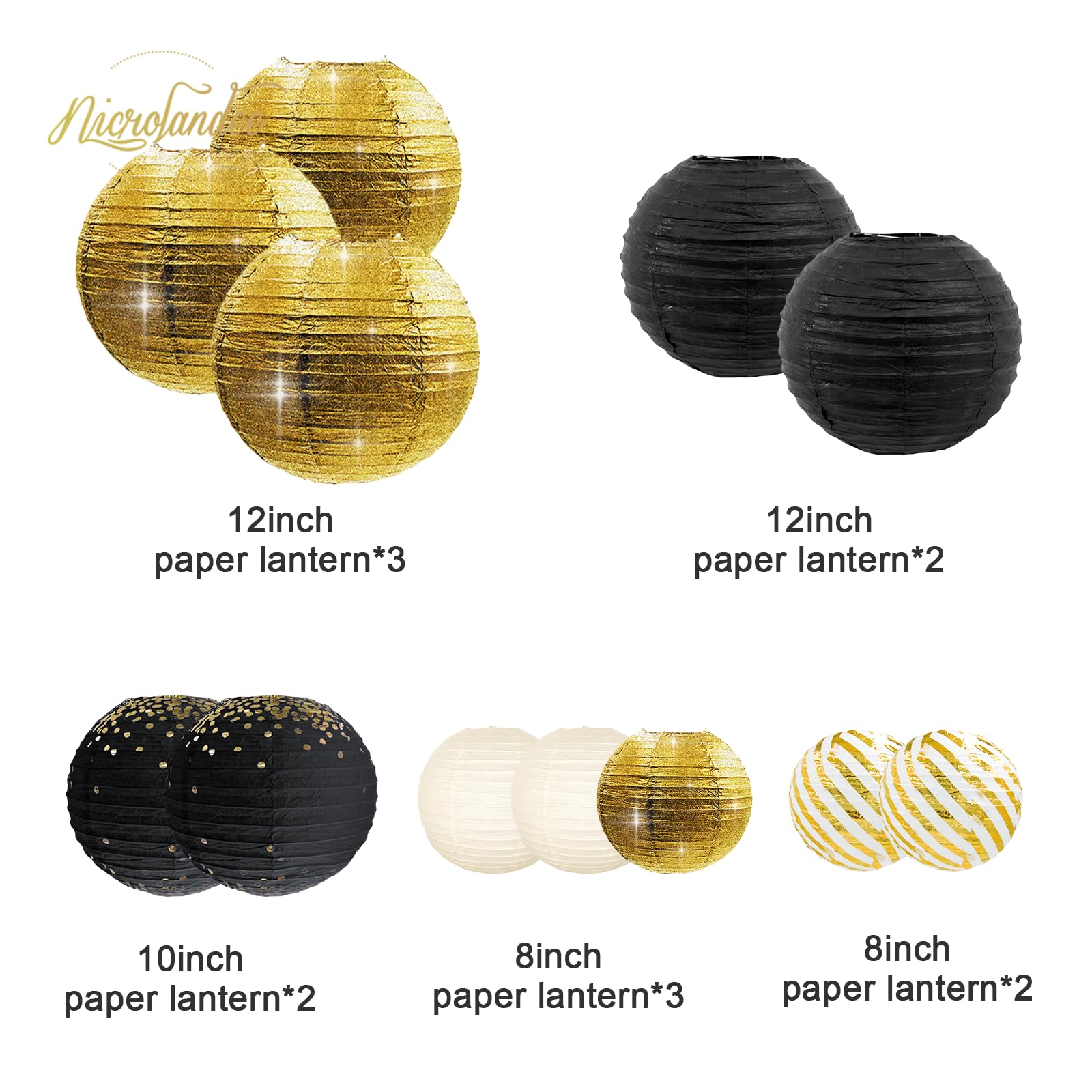 NICROLANDEE Black Gold Party Supplies - 12PCS Black and Gold Metallic Foil Paper Lanterns Decorative for Wedding, Graduation, Birthday, Baby Shower, Retirement Party, New Years Eve Party 2025