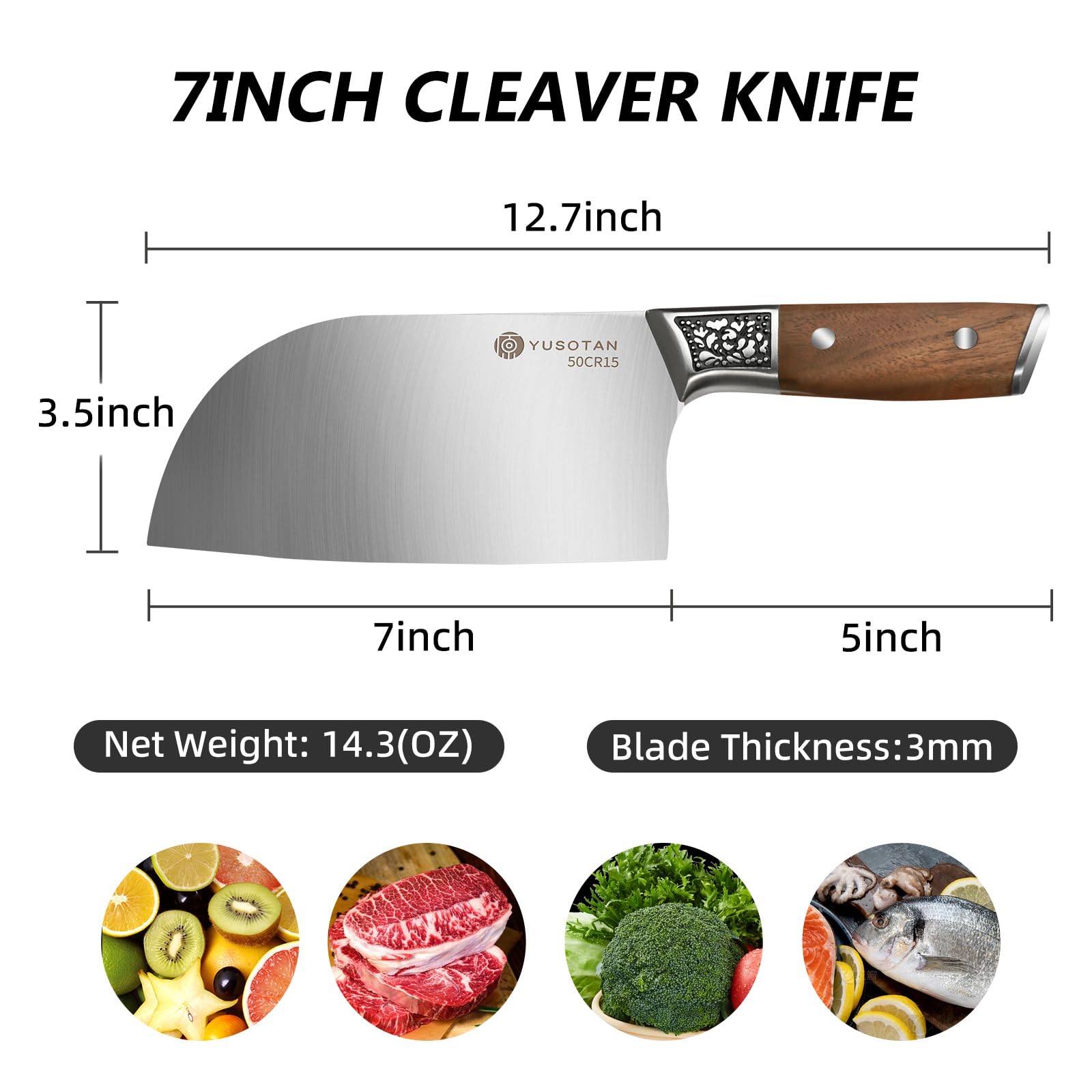 YUSOTAN Butcher Knife, 7-inch Sharp Japanese Chef Knife, Dual Purpose Cutting and Chopping, Japanese High Carbon Steel (50CR15) Cleaver Knife with Walnut Handle - Vegetable Knife in Gift Box