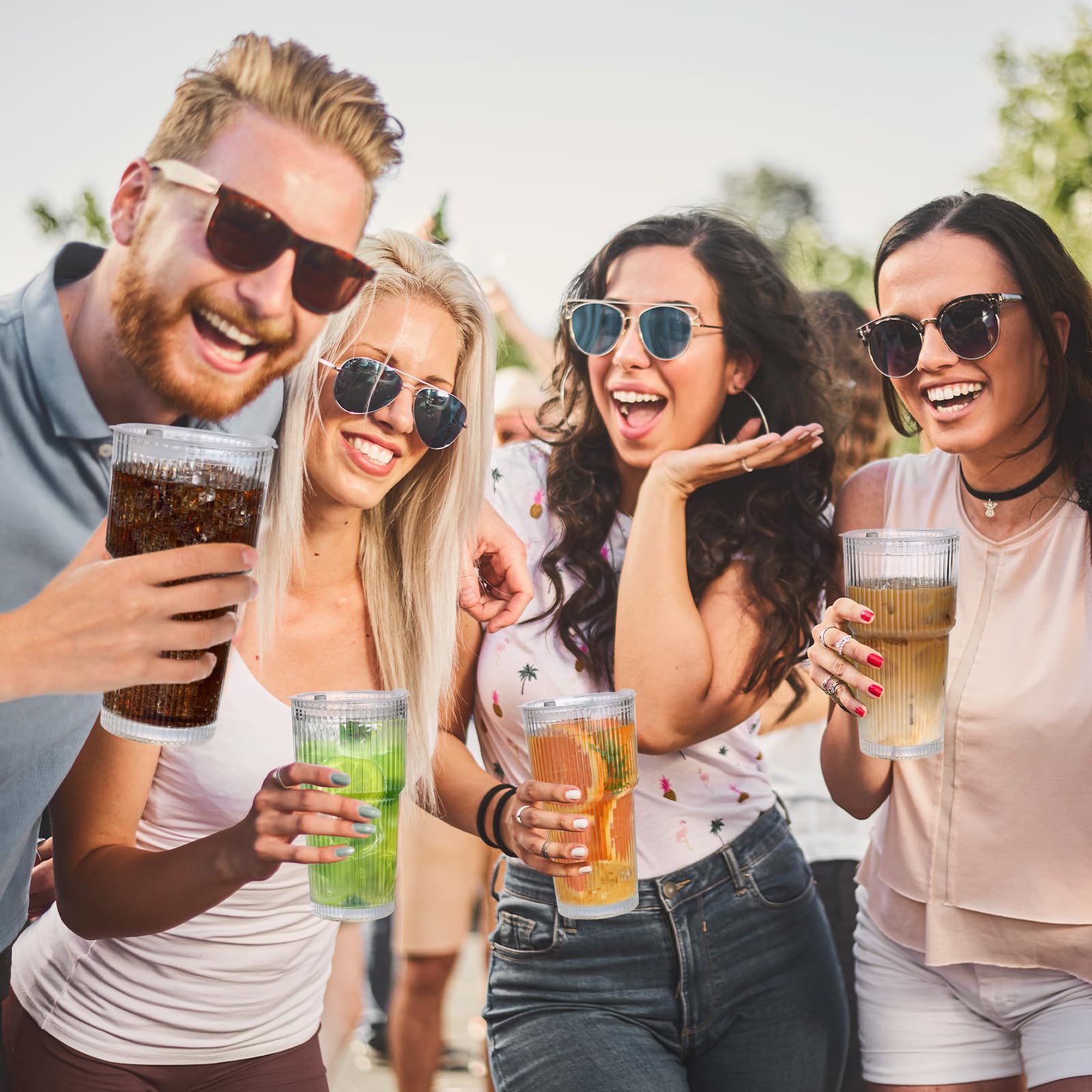 AFINSEA 20OZ Ribbed Glass Cups with Lids and Straws,Iced Coffee Cups with Lid,Vintage Glasses Tumbler Glassware for Whiskey Cocktail Beer Juice（2PCS）