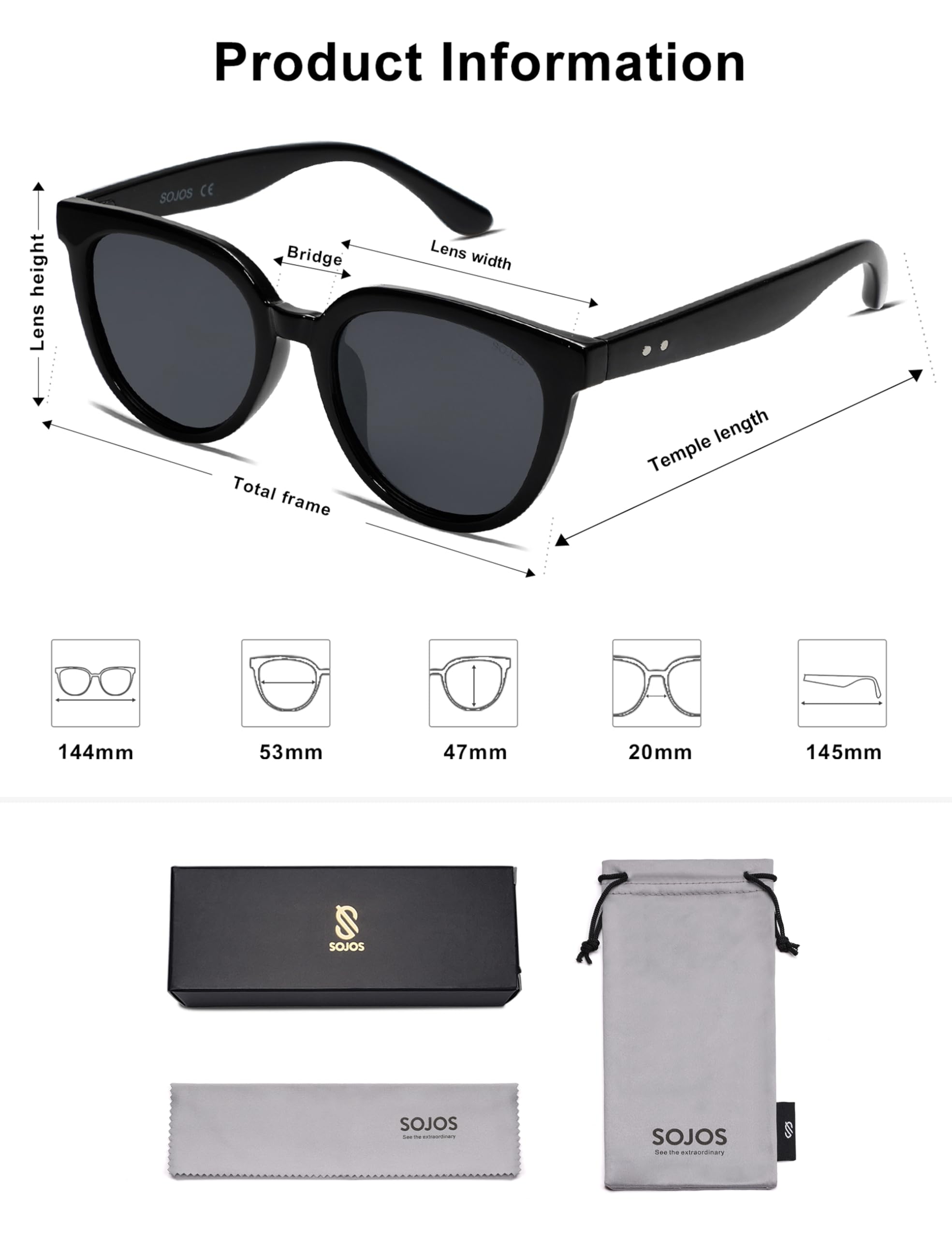 SOJOS Trendy Cat Eye Round Polarized Sunglasses for Women Fashion UV Protection Sunnies Sunglasses SJ2175, Black Frame/Grey Lens