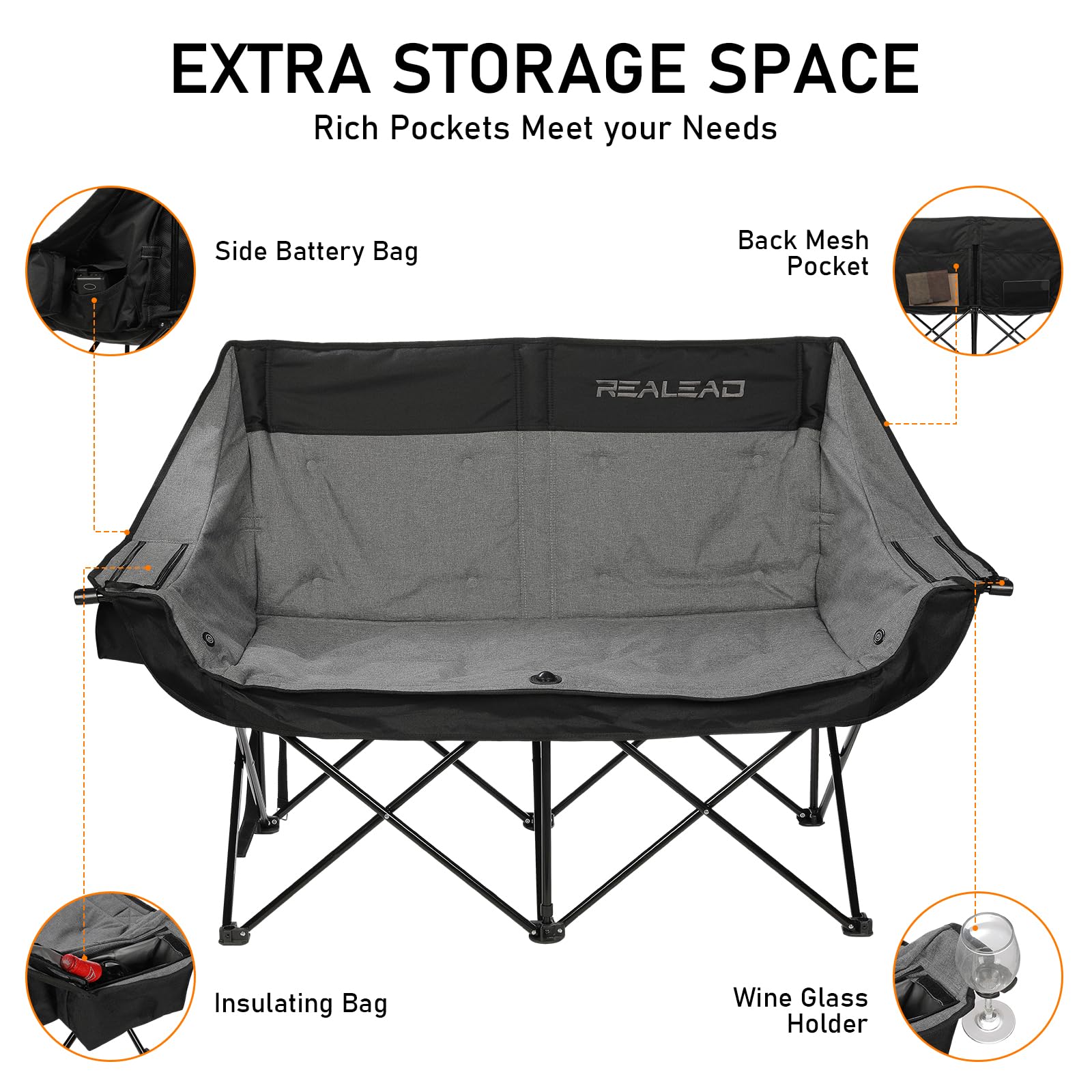 REALEAD Heated Loveseat Camping Chair | 3 Heat Levels and 4 Heating Zones | Portable Heated Chair for Outdoor Sports | Support 550lbs | Heated Folding Chairs for Outside | Battery NOT Included