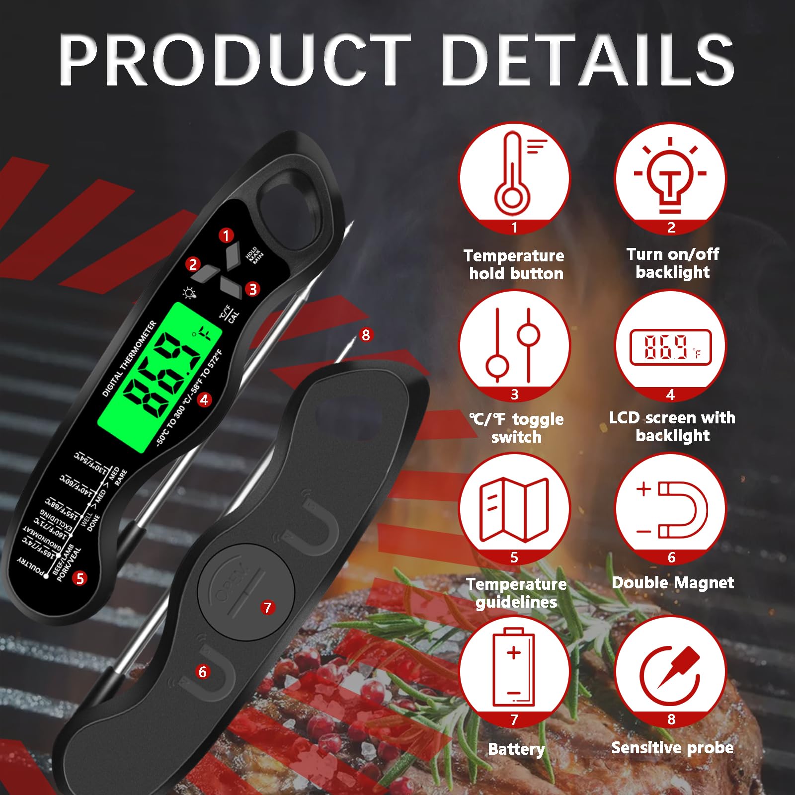 Meat Thermometer Digital，IP67 Waterproof Cooking Thermometer with Backlight, Calibration & Hold Function，Food Thermometer for Cooking,Outdoor Grilling