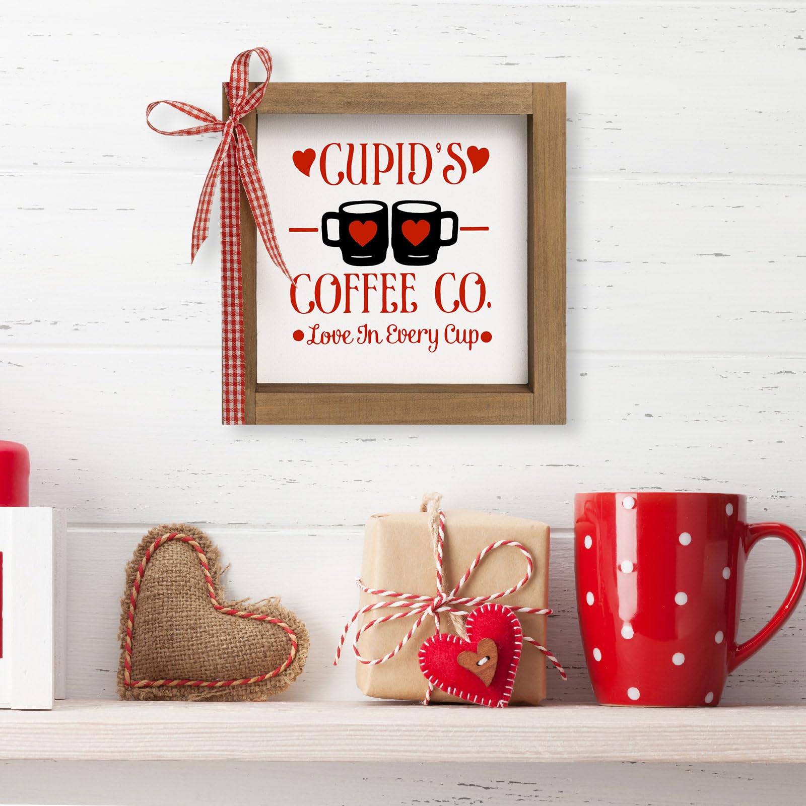 flangairy Valentines Day Coffee Bar Sign Decor, 6x6 In Wood Framed Cupid’s Coffee Bar Decorations for Farmhouse Kitchen Home Table Tiered Tray