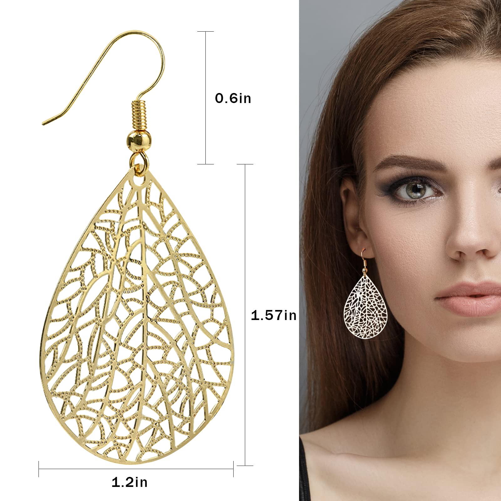 Teardrop Earrings for Women, 14K Gold Plated Dangle Earrings, Handmade Filigree Earrings for Gift