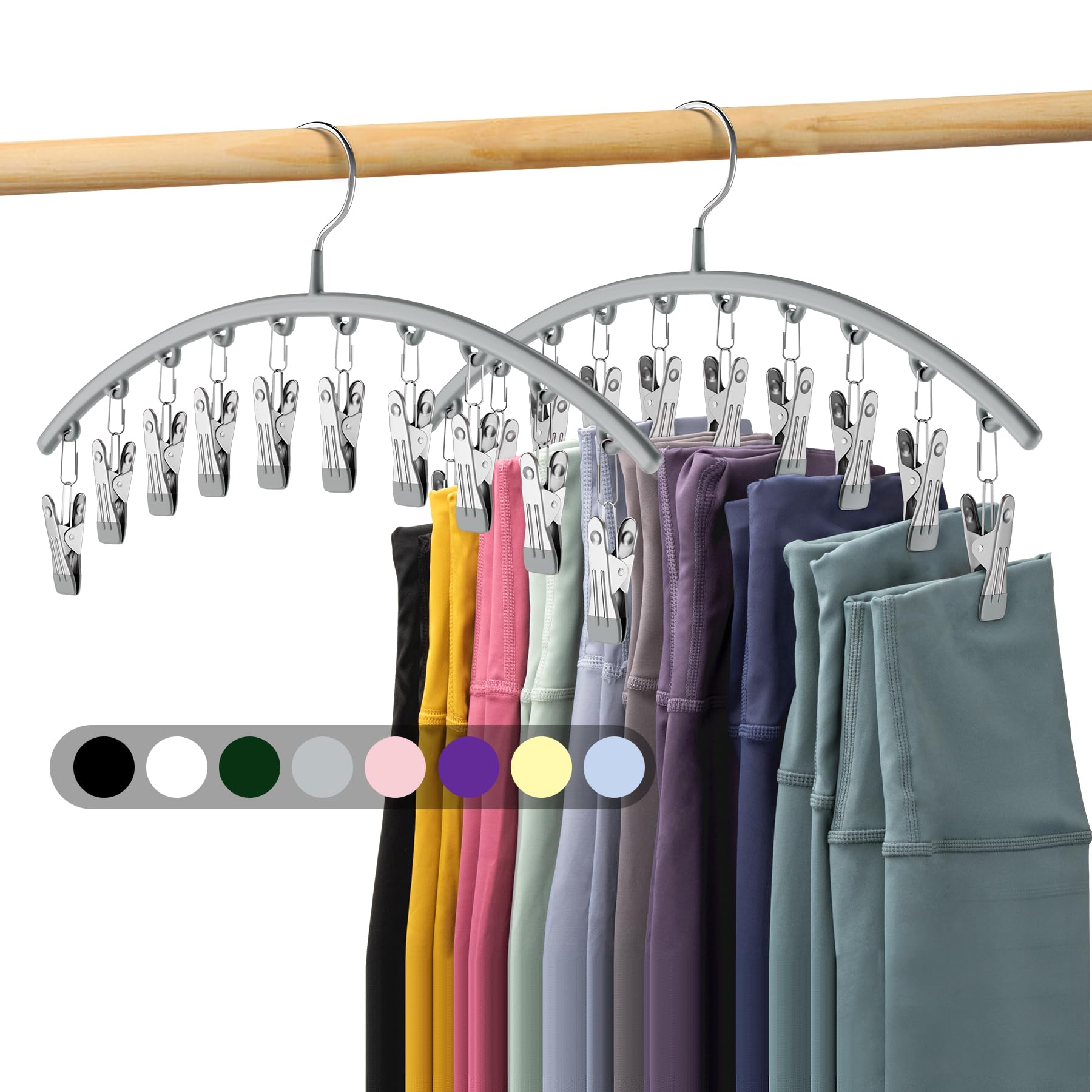 Volnamal Legging Organizer for Closet, Metal Yoga Pants Hanger w/Rubber Coated 2 Pack w/10 Clips Hold 20 Leggings, Hangers Space Saving Hanging Closet Organizer for Closet Organizers and Storage-Grey