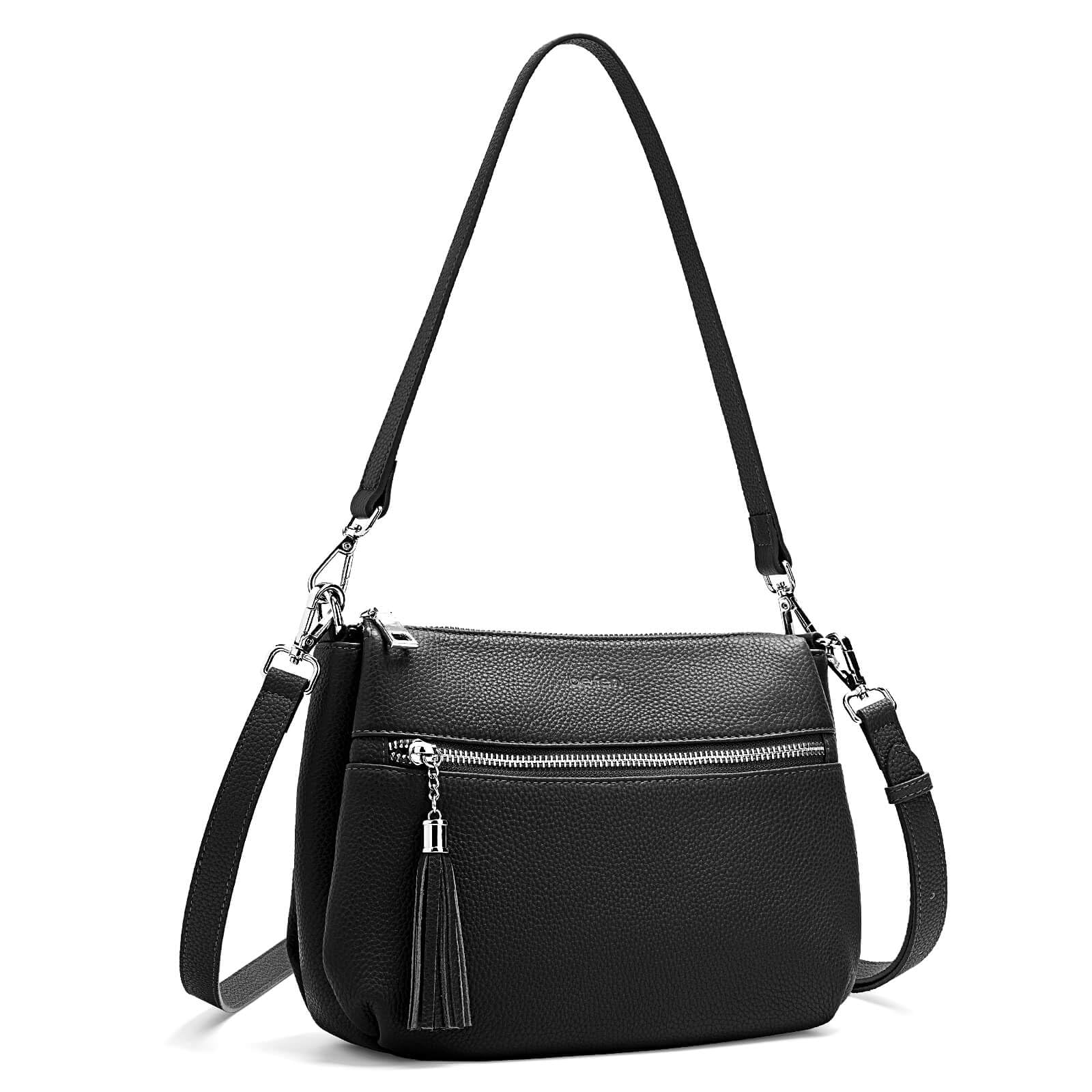 befen Black Genuine Leather Small Crossbody Hobo Purses for Women, Ladies Shoulder Bags Handbags with 2 Shoulder Straps