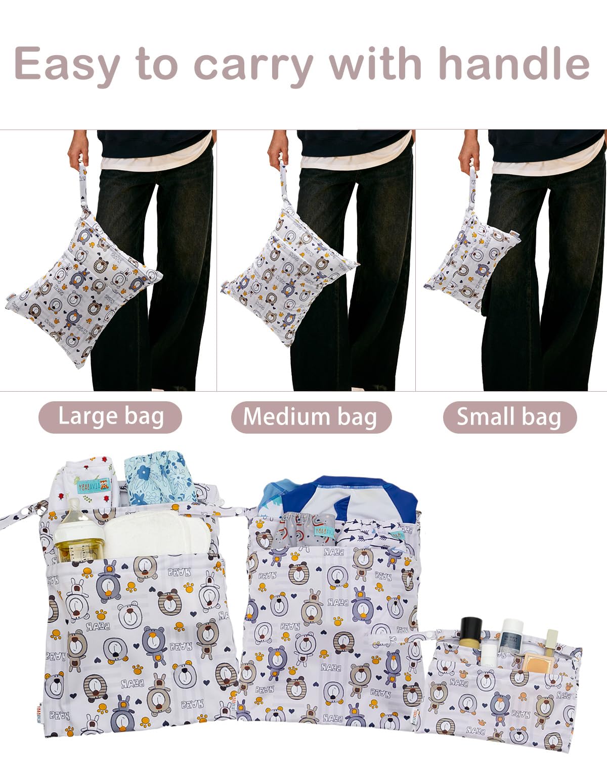 ALVA ALVABABY 3pcs Cloth Diaper Wet Dry Bags Waterproof Reusable with Two Zippered Pockets Travel Beach Pool Daycare Soiled Baby Items Yoga Gym Bag for Swimsuits or Wet Clothes 3L-SML11