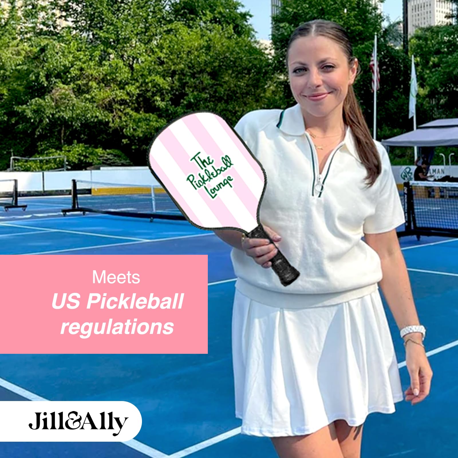 Jill & Ally Lounge Pink Pickleball Paddle, Carbon Fiber Materials, 16.5” x 7.5", Extra Long Handle, Vegan Leather PU Grip, Unique Edge Guard All Skill Levels