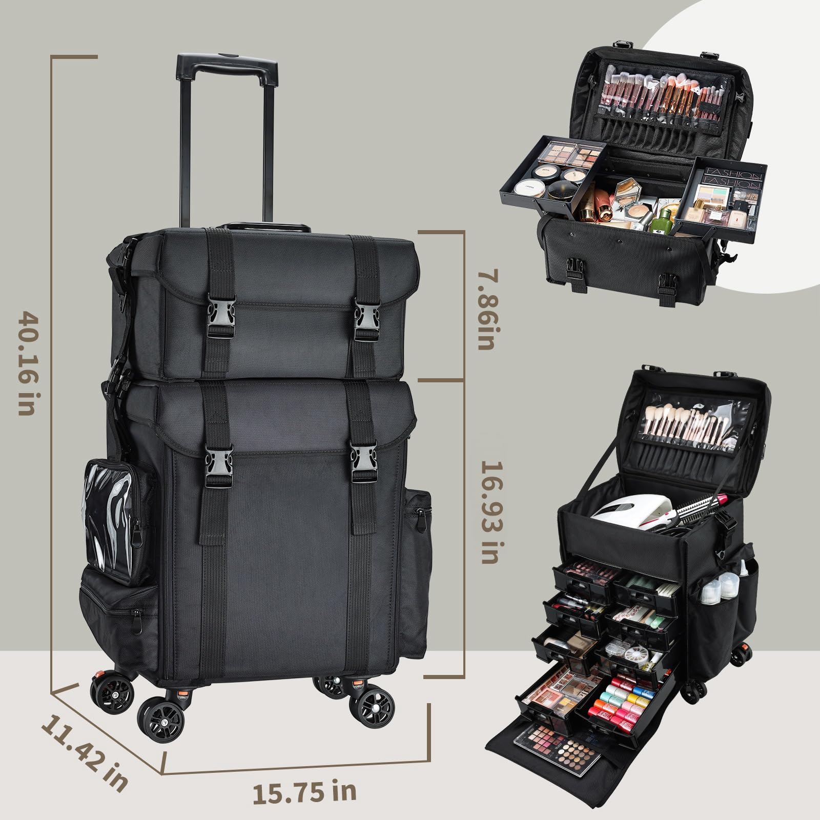 Costravio Travel Makeup Bag, Cosmetology Case on Wheels, 2 IN 1 Hair Tool Organizer, Rolling Nail Organizer Train Case, Large Cosmetic Trolley Suitcase for MUA/Hairstyling/Home-care/Groomer, Black