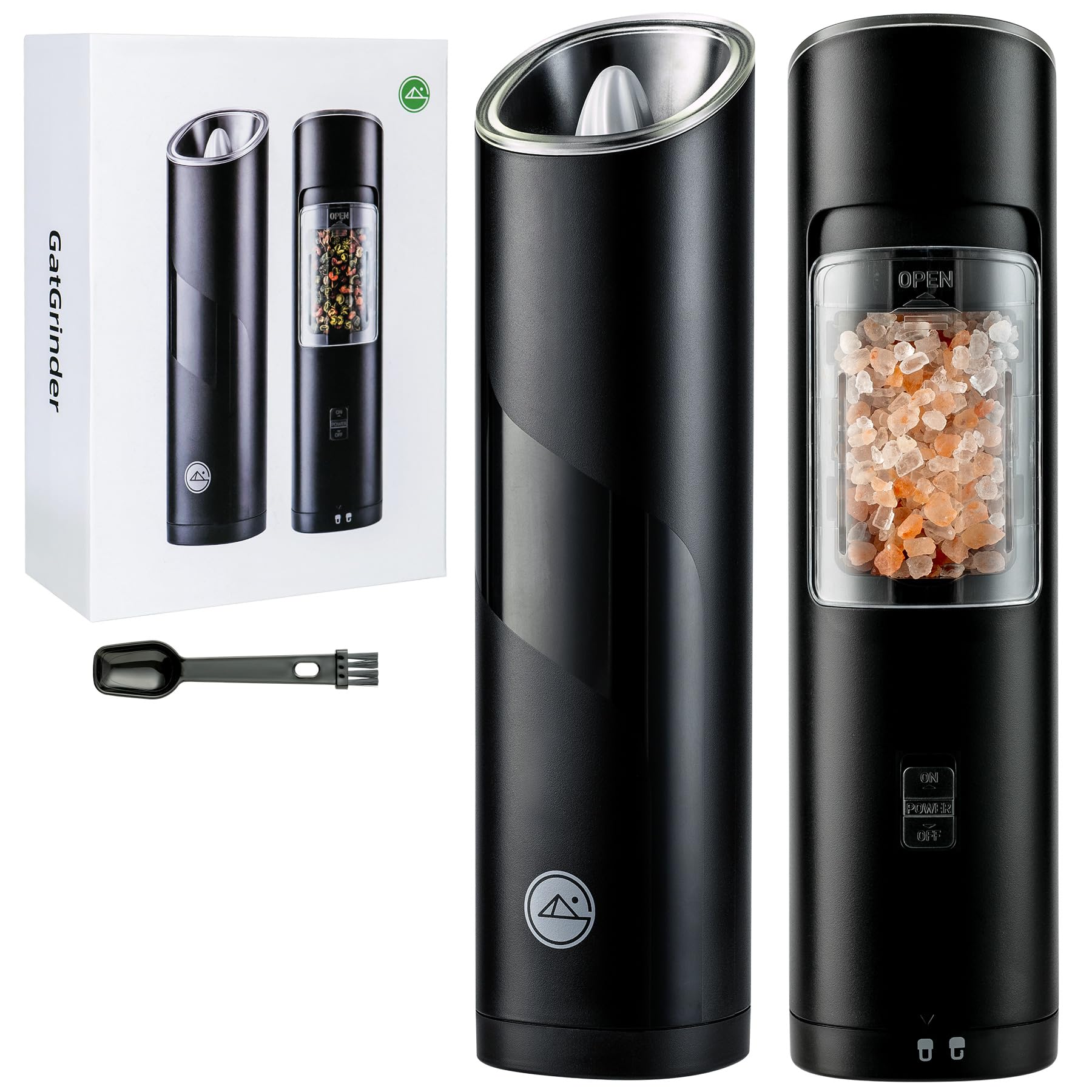 GATGOODS Gravity Electric Salt and Pepper Grinder Set, Adjustable Coarseness, Warm LED Light, One-handed Automatic Operation, Battery Powered, Black, Electric Pepper Mills