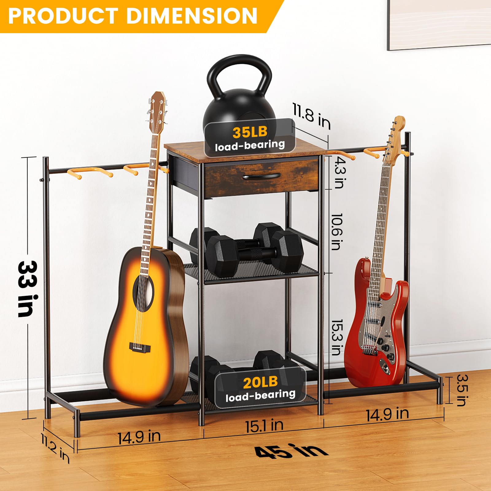 Guitar Stands Floor with 4 Guitar Holders, 3-Tier Guitar Stand Multiple Guitars, Guitar Rack with Amp Stand & Cloth Drawer, Multi Guitar Stand for Music Studio, Guitar Accessories gift for Music Lover
