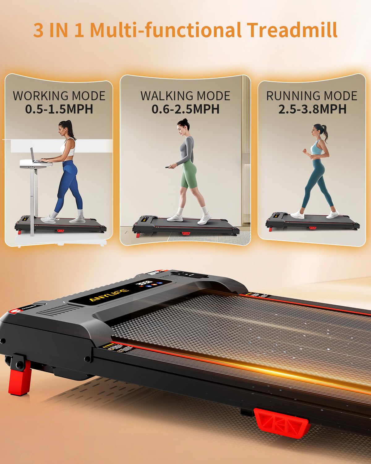 Walking Pad Treadmill, Anylife Incline Walking Pads Under Desk 330lb Capacity, 2.5HP Portable Treadmills for Home, Compact Treadmill Small Running Pad with LED Display, Remote Control, Black