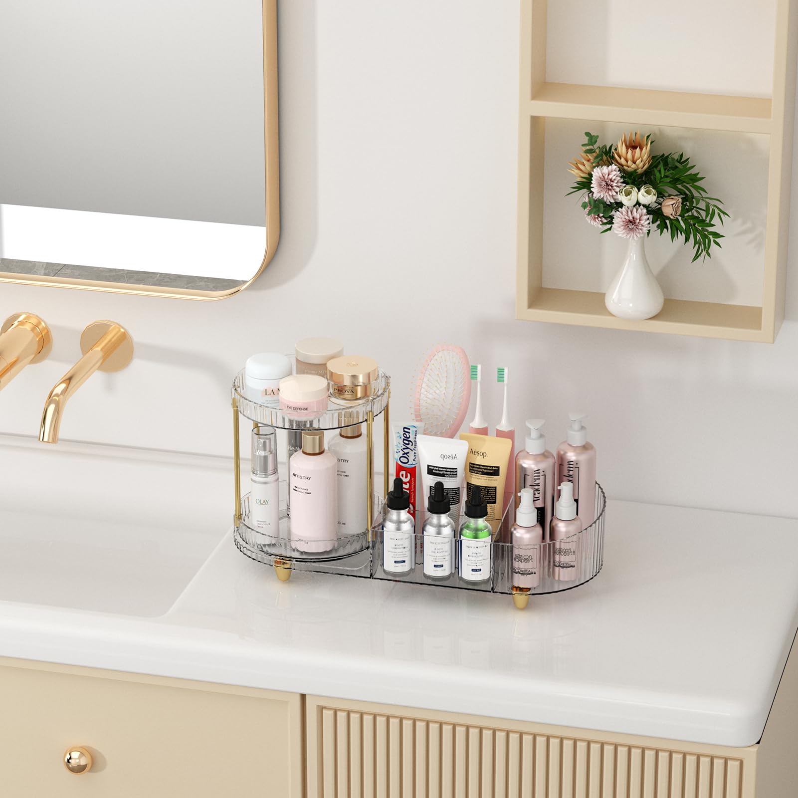 Makeup Organizer Countertop for Vanity, Rotating Perfume Tray with 5-compartment Cosmetic and Skincare Organizers, Multi-Purpose Desk Storage Makeup Brush Holder for Bathroom Bedroom Counter