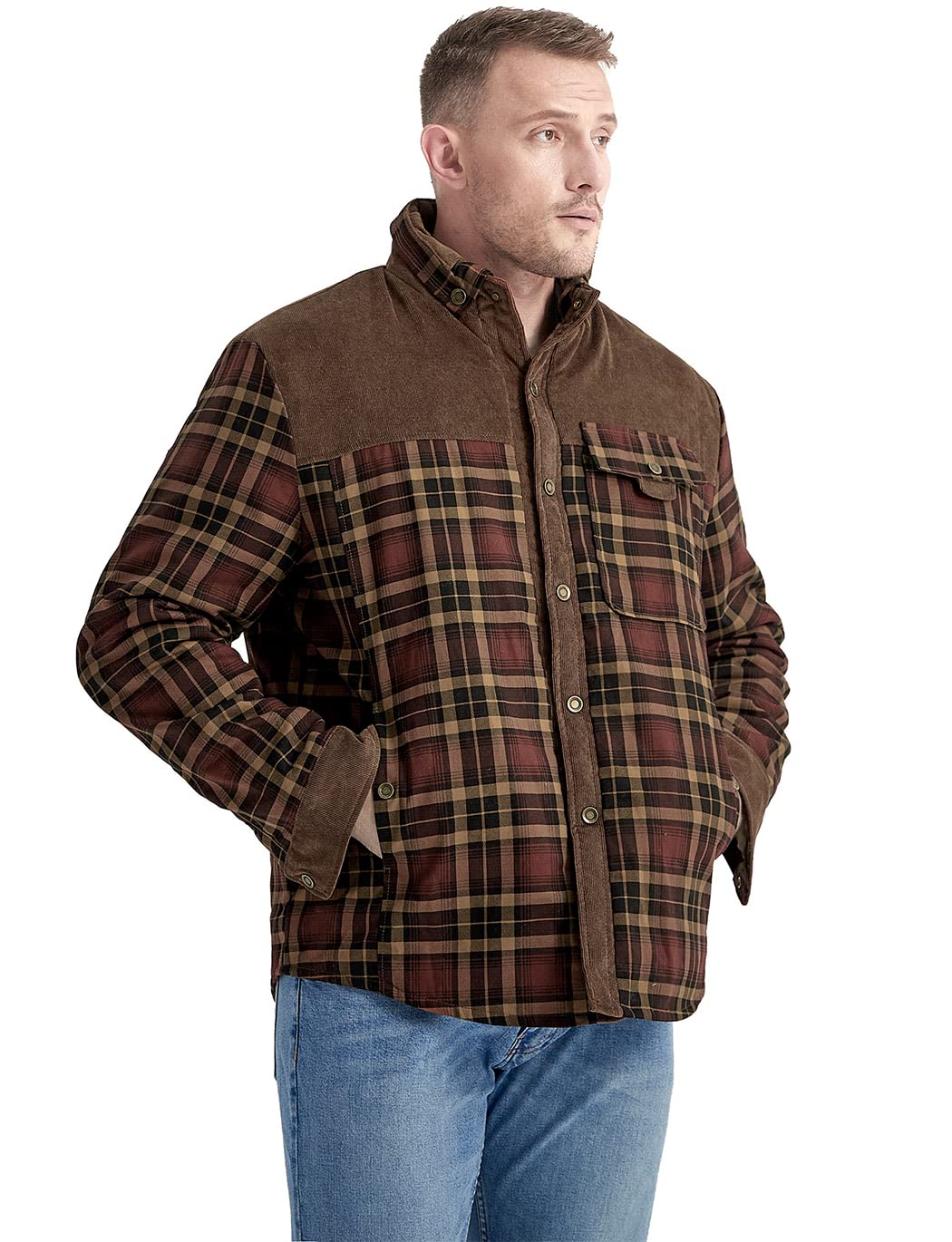 Haellun Men's Long Sleeve Sherpa Lined Shirt Jacket Flannel Plaid Fleece Coats (Large, Coffee)