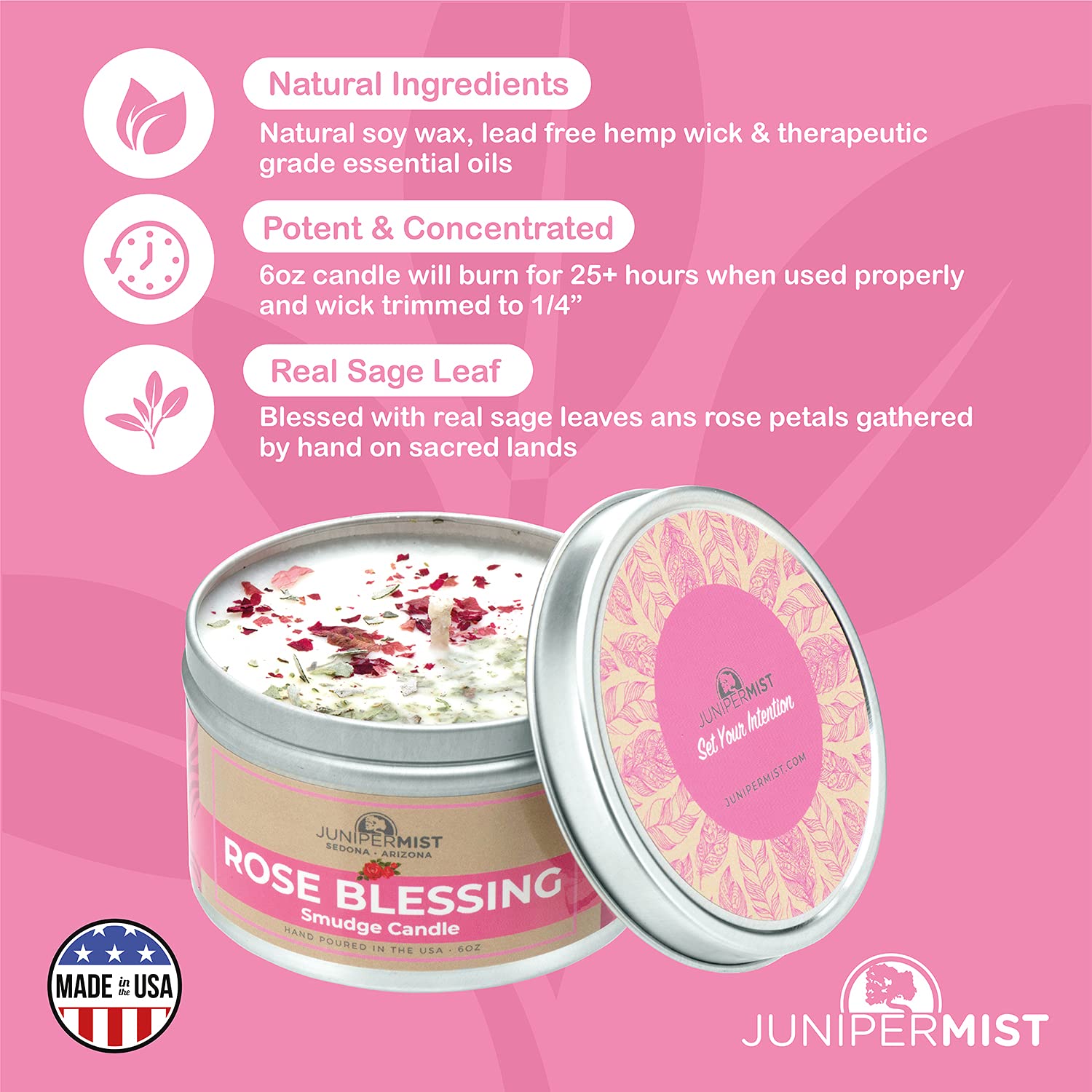 JUNIPERMIST Rose Smudge Candle (6 Oz) - for Meditation & Cleansing Negative Energy - Made in USA with Soy Wax, Essential Oils, Real Sage - Smokeless Alternative to Sage Smudge Sticks