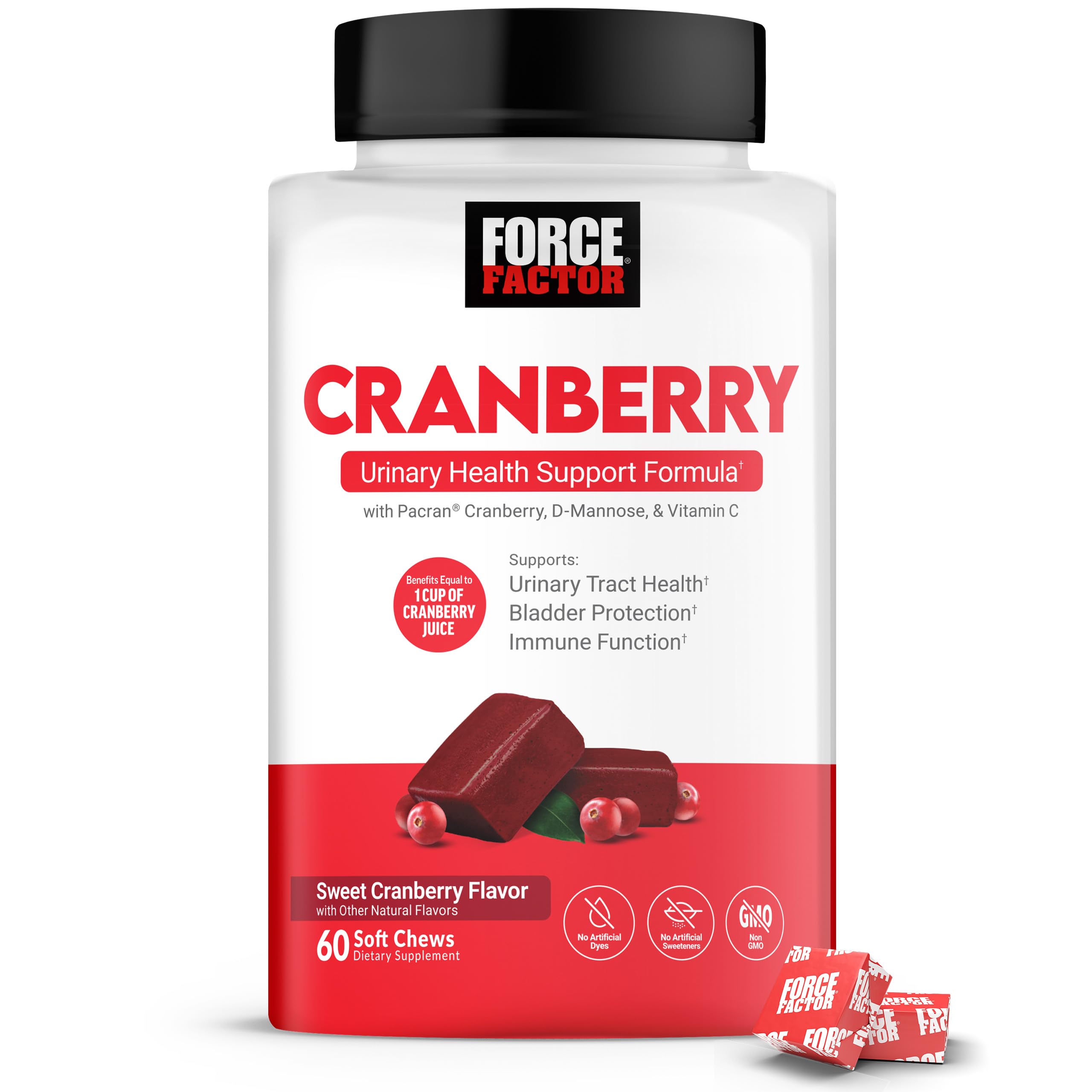 FORCE FACTOR Cranberry Soft Chews, Cranberry Supplement with D Mannose and Cranberry Extract to Support Bladder and Urinary Tract Health for Women, Vegan, Sweet Cranberry Flavor, 60 Soft Chews