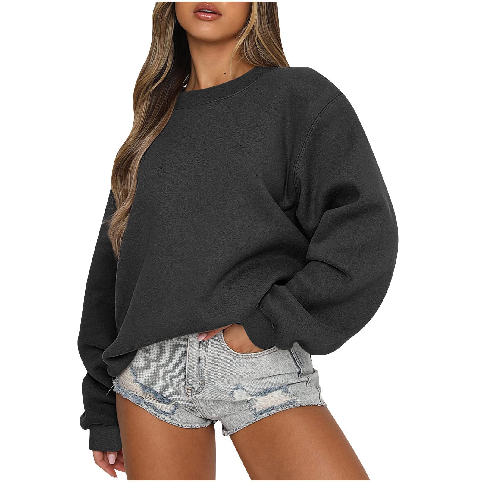 Oversized Sweatshirts for Women Fall 2024 Trendy Preppy Solid Crewneck Pullover Casual Loose Fit Drop Shoulder Outfit Prime +Deals Sweatshirt