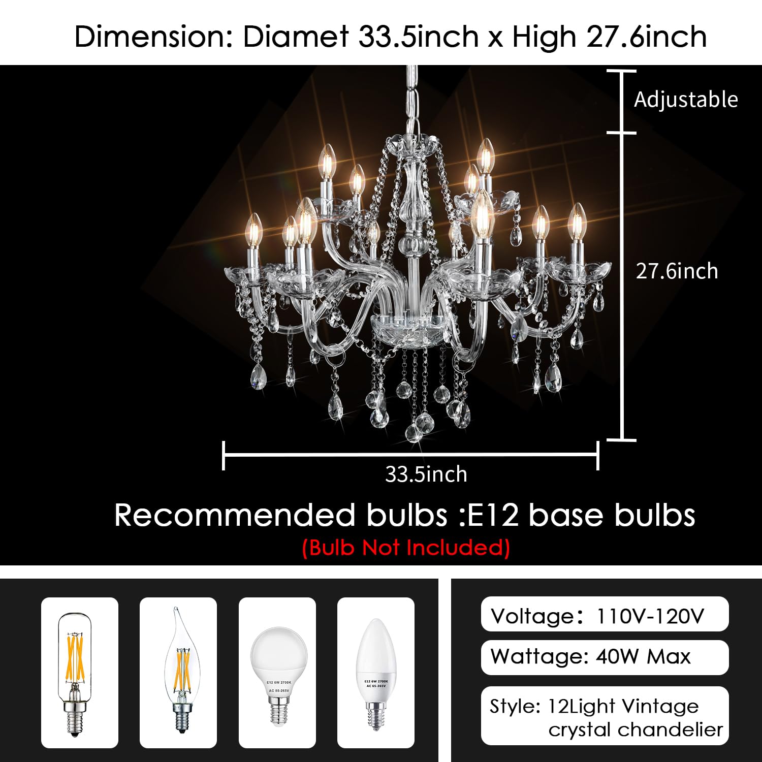 Gorgeous Vintage Crystal Chandelier 12-Lights K9 Crystal Candle Chandelier Pendant Lamp Large Ceiling Light Fixture for Living Room Dining Room Hallway Entry W33.5 X H47.2 of CRYSTOP