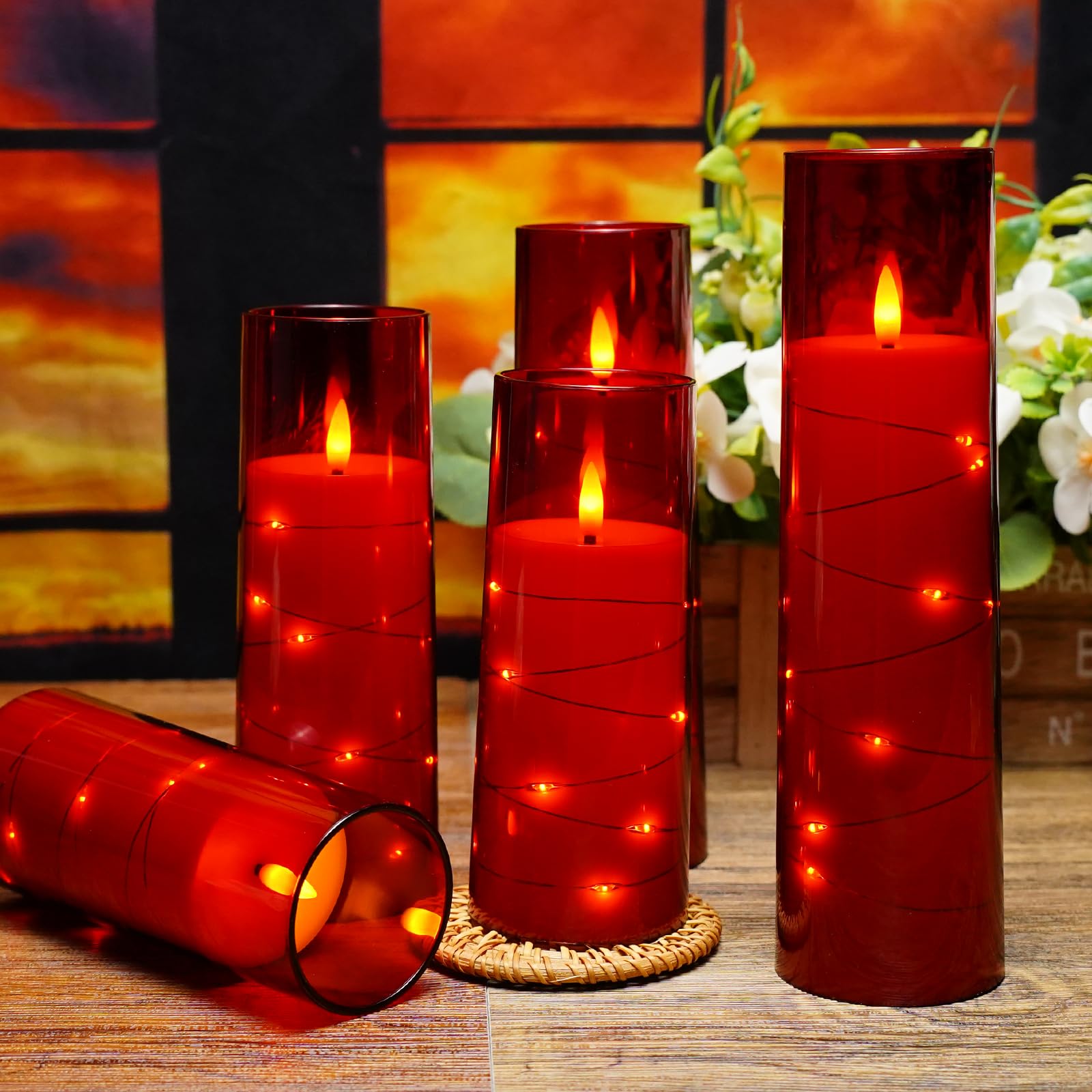 kakoya Flameless LED Candles with Timer 5 Pc Flickering Flameless Candles for Romantic Ambiance and Home Decoration Stable Acrylic Shell,with Embedded Star String，Battery Operated Candles（Red）