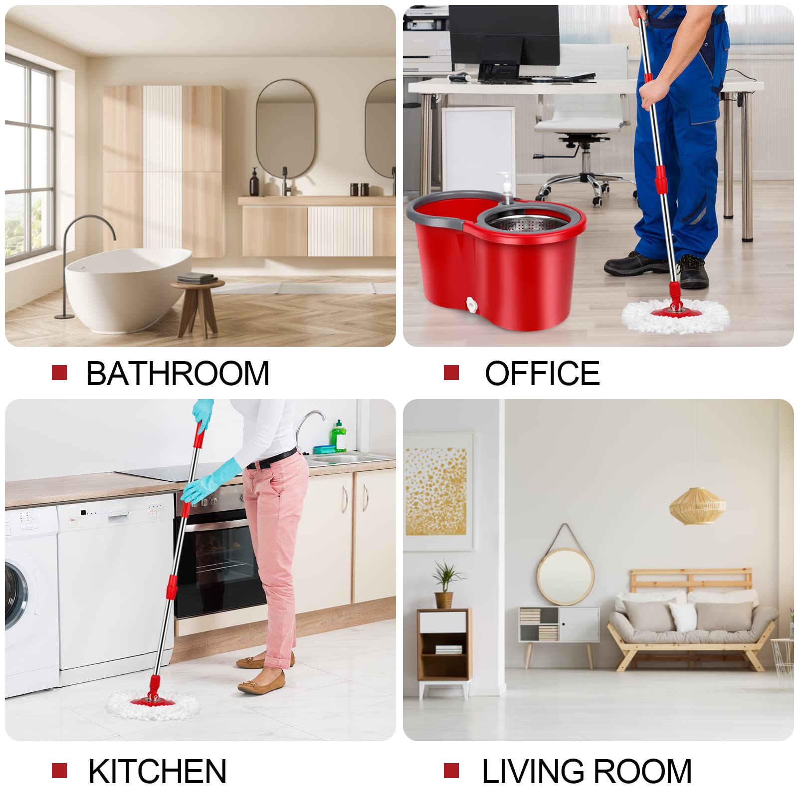 PULNDA Spin Mop and Bucket with Wringer Set，Mop and Bucket Set for Floor Cleaning with 3 Mop Refills 61 inches Telescoping Mop Rod for Office and Home use,Red,(360 Mop bucket)