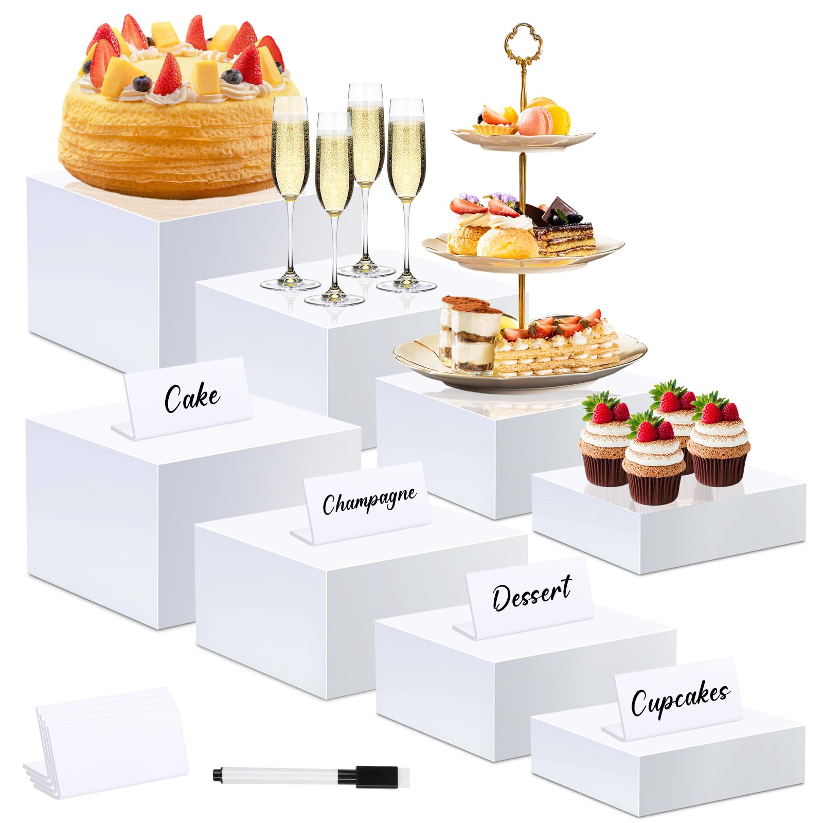 Buffet Risers Set of 8 Acrylic Cube Display Stands Box Risers with Hollow Bottoms 4 Different Size Dessert Table Display Set Food Nesting Risers for Buffet Table, Cupcake Candy Food, Parties, Brunch, Weddings (8 PCS White Cube)